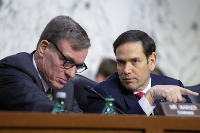 Senate Intelligence Committee Vice Chairman Marco Rubio, R-Fla., right, talks with Chairman Mark Warner, D-Va., left, during a panel hearing earlier this month.