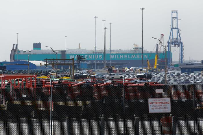 Cars are visible in a general view from the Baltimore Port after the cargo ship Dali ran into and collapsed the Francis Scott Key Bridge in Baltimore, Md., on Tuesday. The accident has temporarily closed the Port of Baltimore, which handles more vehicles per year than any other U.S. port.