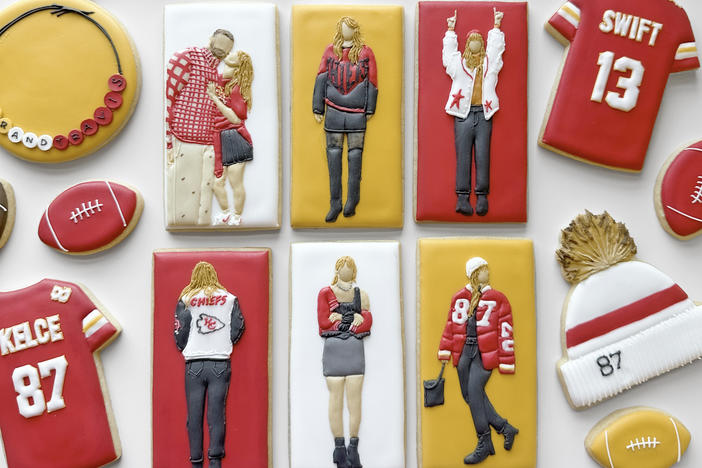 Cookie in the Kitchen's cookie collection riffing on Taylor Swift's relationship with football player Travis Kelce.
