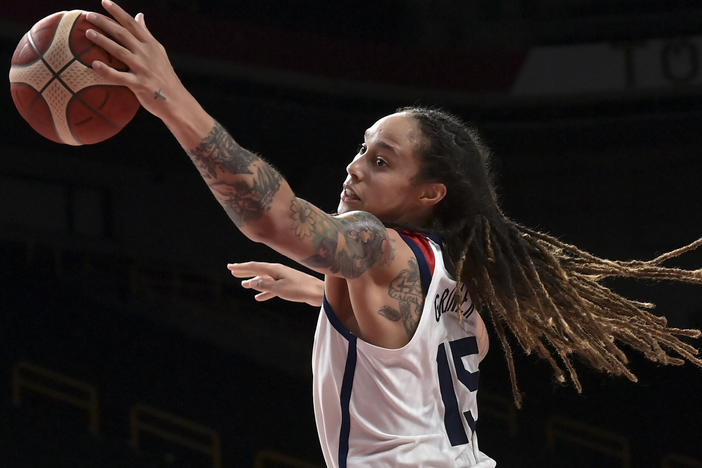 Griner competes for Team USA on Aug. 8, 2021, during the 2020 Tokyo Olympic Games. Griner won gold medals in both Tokyo and in Rio de Janeiro.