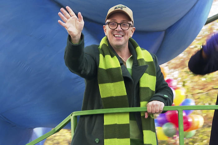 Nickelodeon television show <em>Blue's Clues</em> host Steve Burns rides a float in the Macy's Thanksgiving Parade in New York City in November 2021.