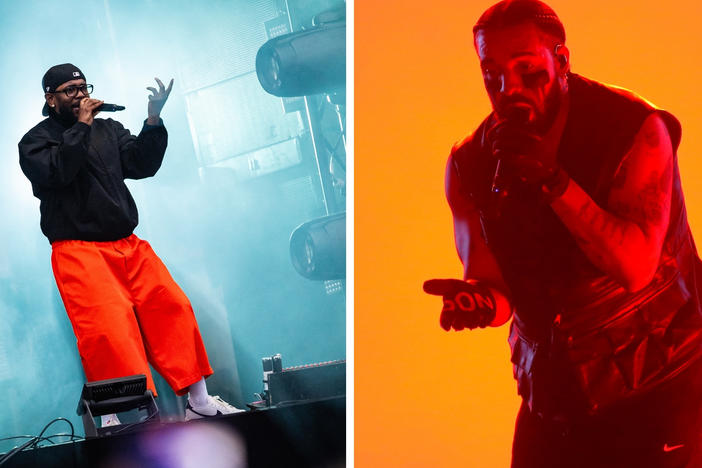 Kendrick Lamar performs during the Rolling Loud hip-hop festival in Rotterdam, Netherlands in 2023 and Drake performs during day two of Lollapalooza Chile 2023. Last week, the two rappers' long-running feud exploded in a flurry of diss tracks.<a href="https://www.gettyimages.com/license/1515117715?adppopup=true"></a>