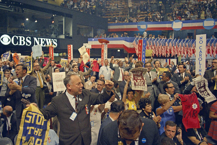 Delegates from New York demonstrate in favor of the anti-war plank at the Democratic National Convention in Chicago on Aug. 28, 1968.