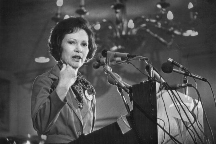 SEP 15 1976, 9-22-1976, OCT 20 1976, OCT 24 1976, MAY 6 1984 Carter, Jimmy, Mrs. Rosalyn - Individuals Rosalynn Carter, pictured answering at press conference in Denver last month, sits in on strategy sessions. She says: "The women of America don't want to see plastic ladies just standing accepting bouquets." Credit: Denver Post (Denver Post via Getty Images)