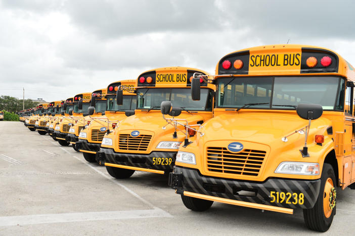 A fleet of Broward County School Buses are parked in a lot on July 21, 2020 in Pembroke Pines, Florida. Photo by Johnny Louis/Getty Images