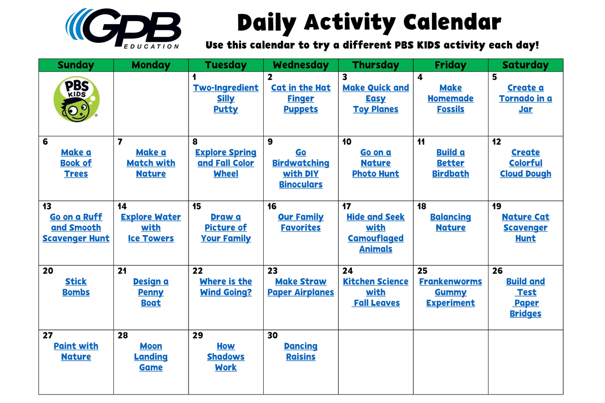 Activity Calendar - August 2020