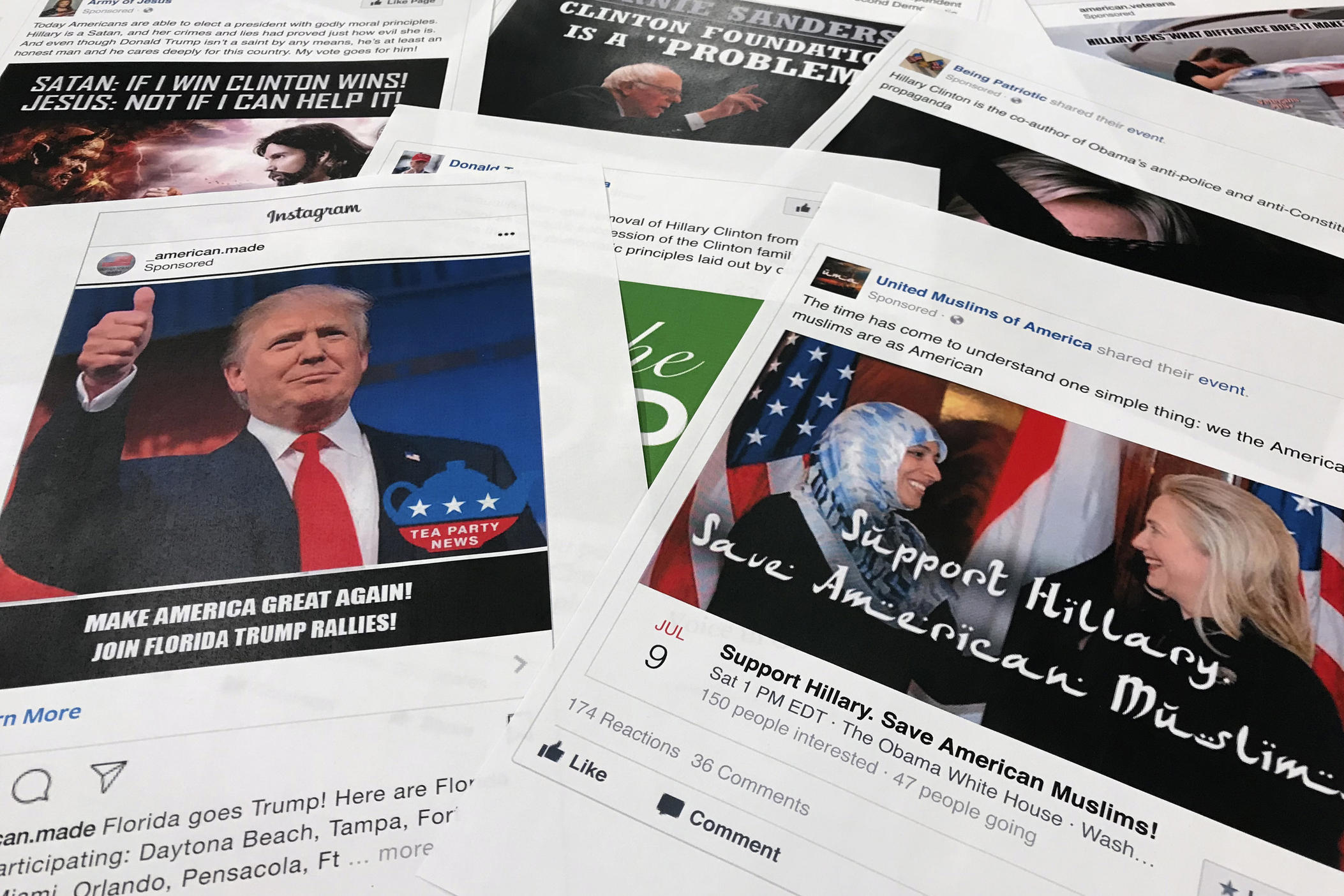 This Nov. 1, 2017 file photo shows printouts of some of the Facebook and Instagram ads linked to a Russian effort to disrupt the American political process and stir up tensions around divisive social issues, released by members of the U.S. House Intelligence committee, photographed in Washington.