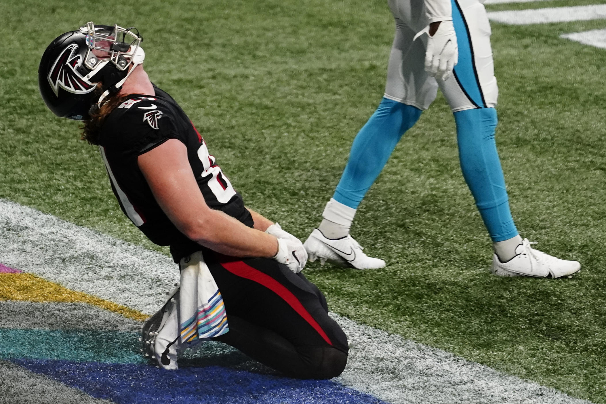Atlanta Falcons tight end Hayden Hurst (81) reacts to missing a pass in the end zone against the Carolina Panthers during the second half of an NFL football game, Sunday, Oct. 11, 2020, in Atlanta. (AP Photo/Brynn Anderson)