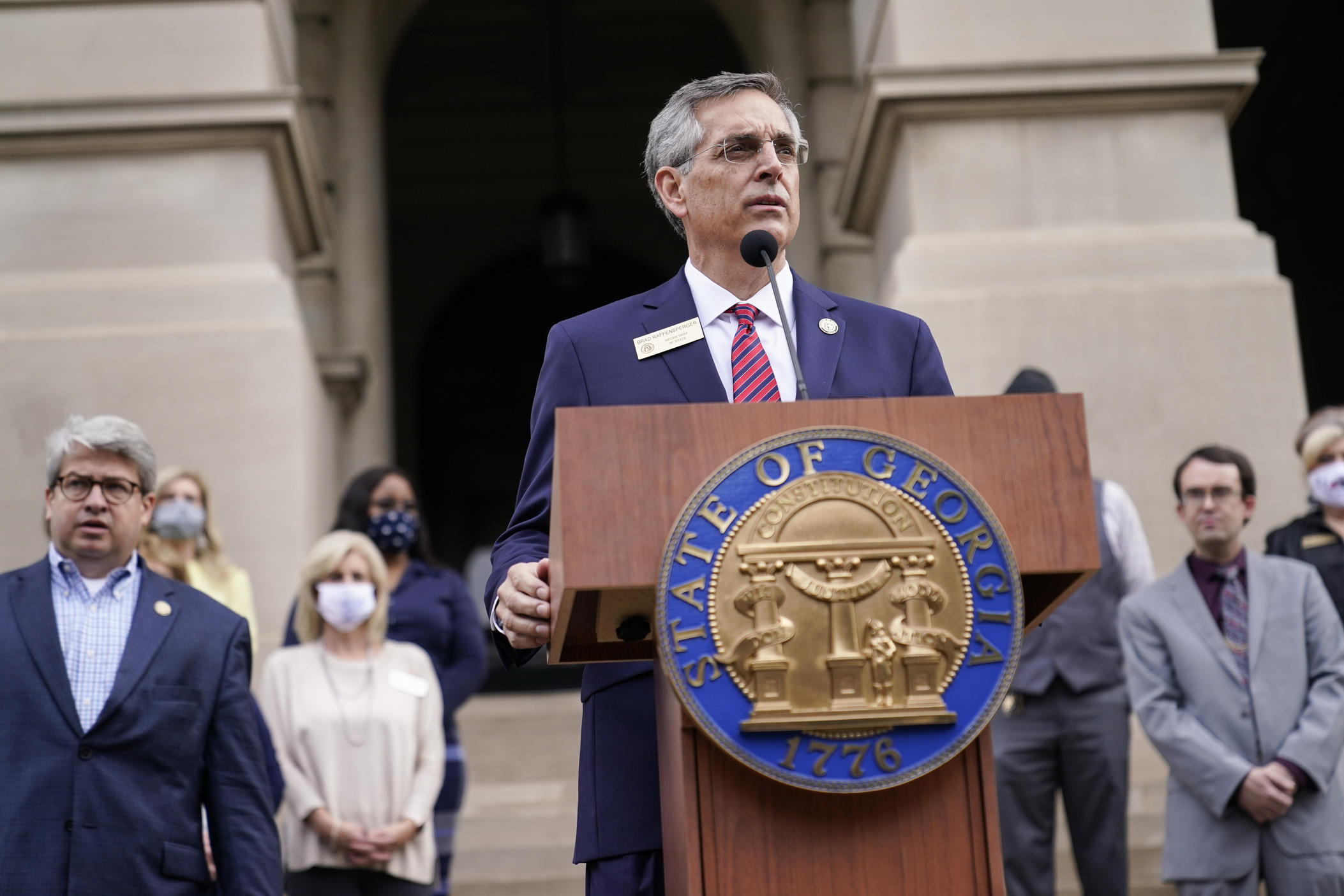 Georgia Secretary of State Brad Raffensperger speaks during a news conference on Wednesday, Nov. 11, 2020, in Atlanta. Georgia election officials have announced an audit of presidential election results that will trigger a full hand recount. (AP Photo/Brynn Anderson)