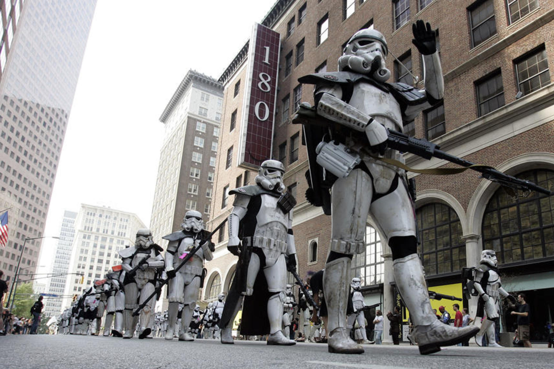 Participants dressed up as stormtrooper characters from the Star Wars movies make their way down Peachtree Street during the sixth annual Dragon Con parade Saturday, Sept. 1, 2007.