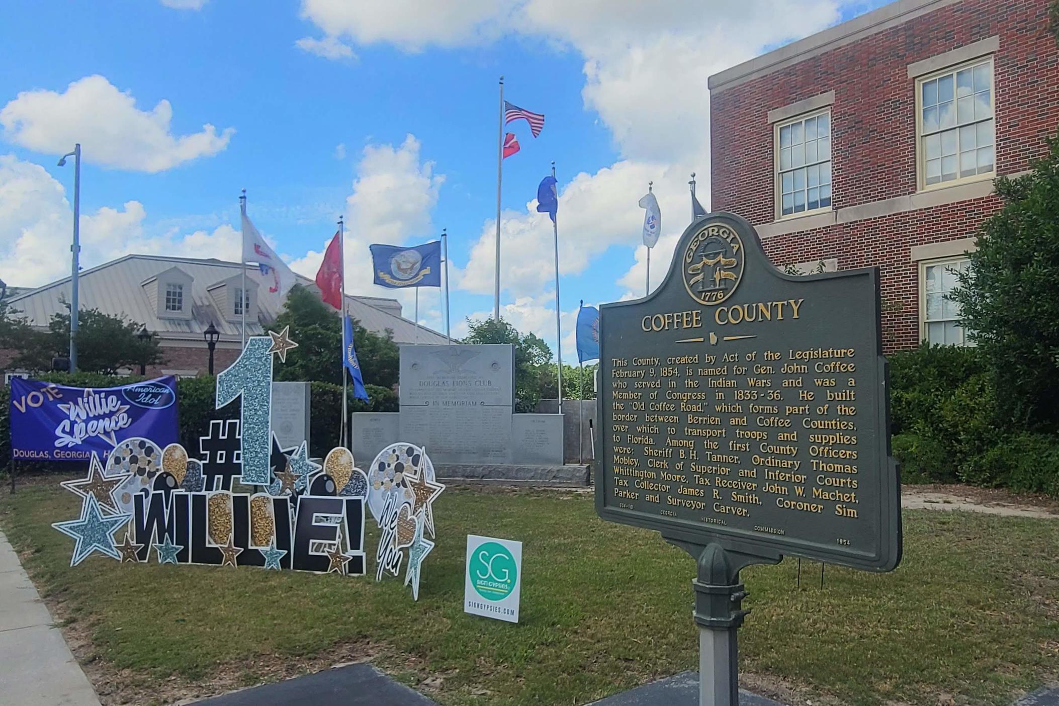 A Display on the lawn outside the Coffee County courthouse shows their support for American Idol finalist Willie Spence 