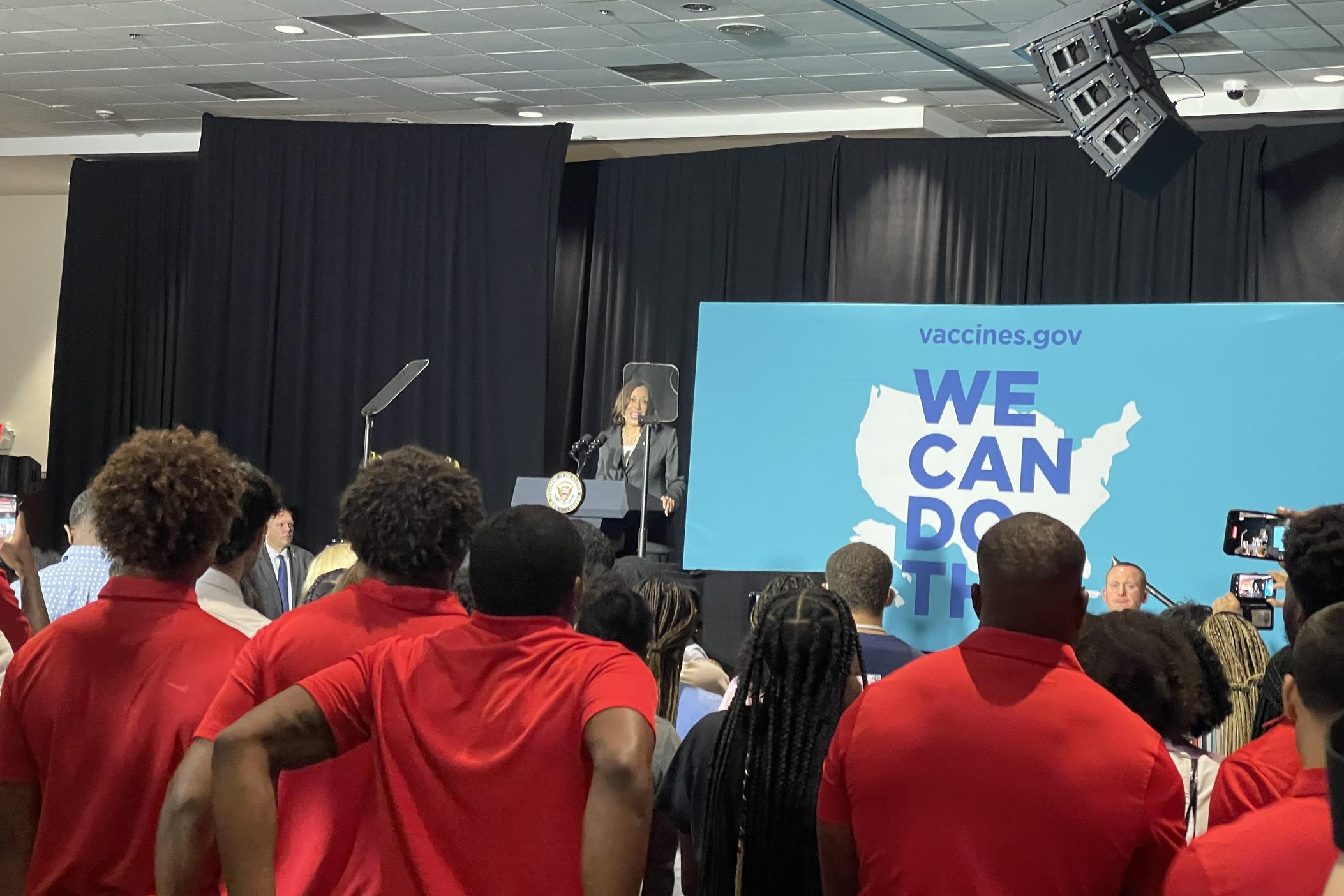 Vice President Kamala Harris addresses a crowd of students at Clark Atlanta University as part of a push for more Americans to get vaccinated.