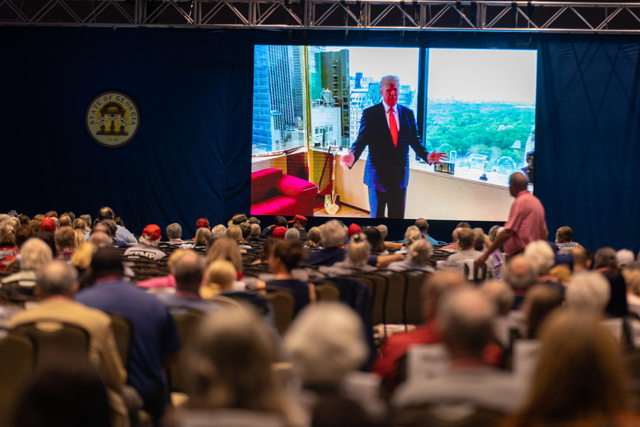 Former President Donald Trump addresses, virtually, the Georgia GOP convention at Jekyll Island on Saturday, June 5, 2021. 