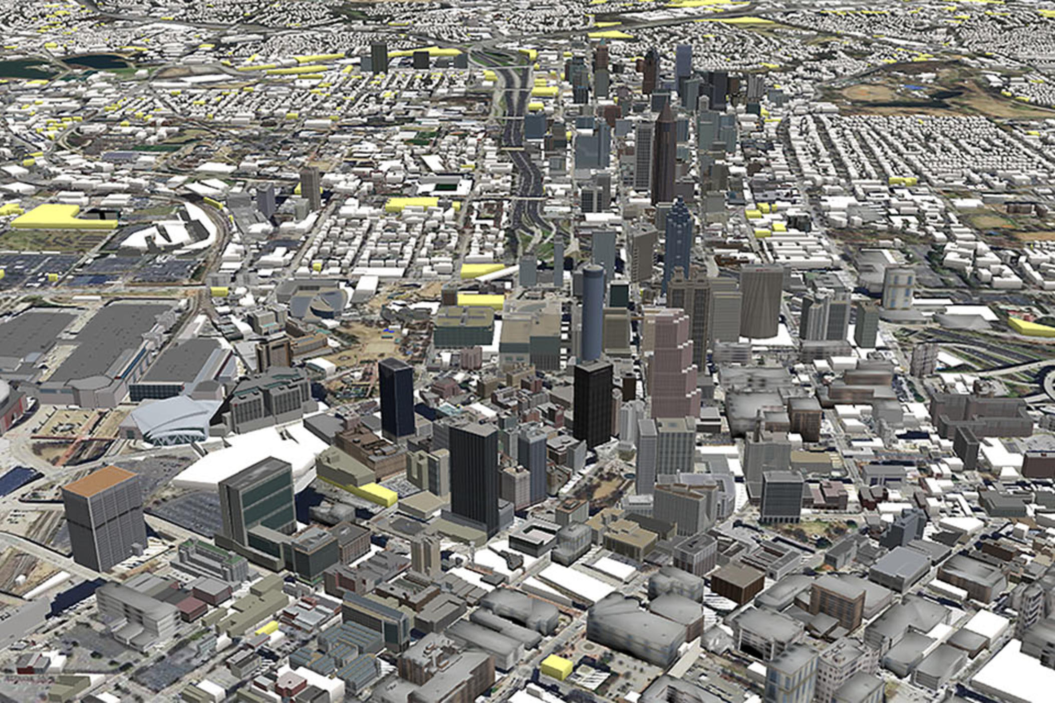 A 3D model of downtown Atlanta, before the construction of Mercedes-Benz Stadium and the demolition of the Georgia Dome