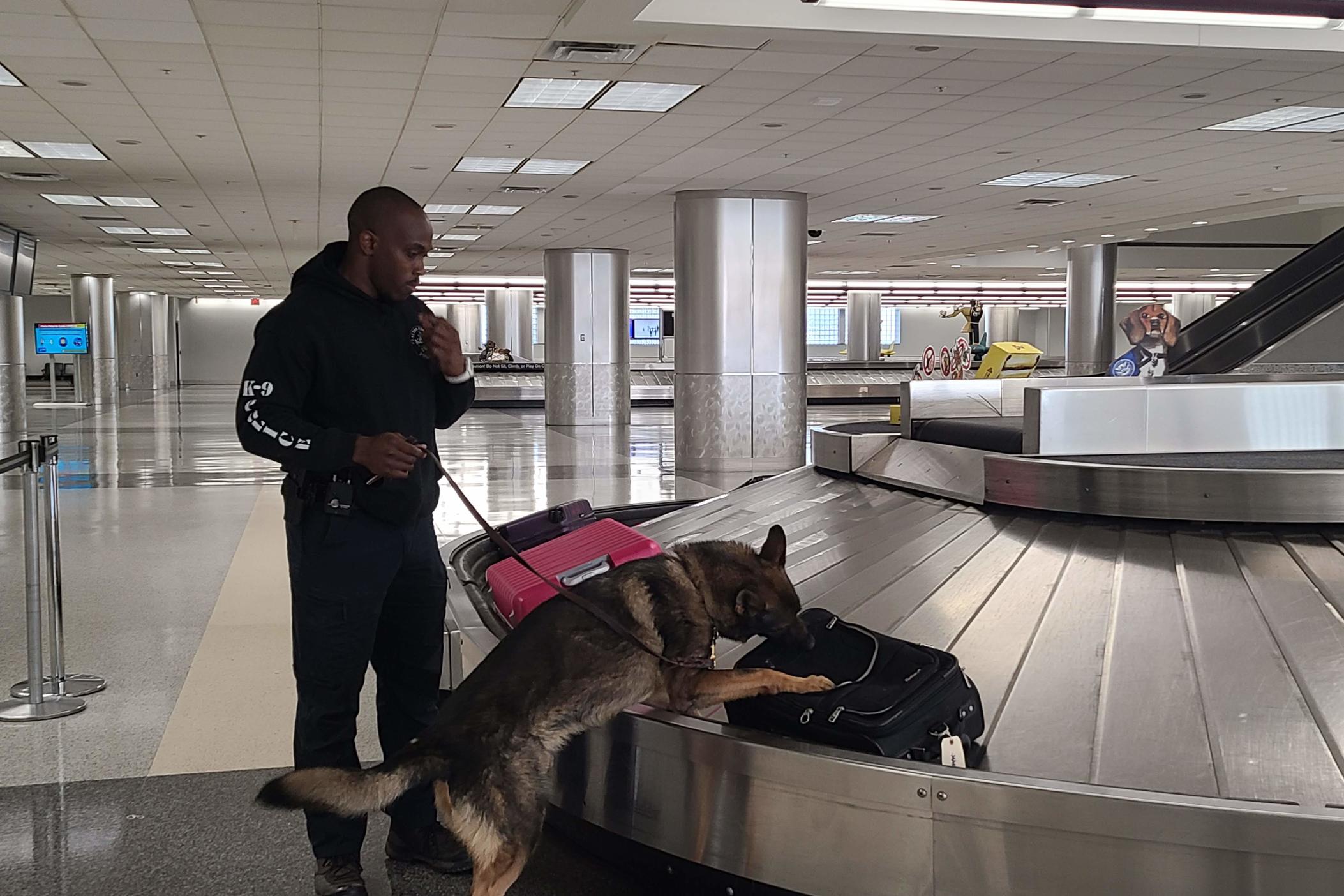 Clayton County police officer Antonio Kendrick and K-9 Homer inspect luggage at a training conference for K-9 officer teams held at Hartsfield-Jackson International Airport in October 2021.