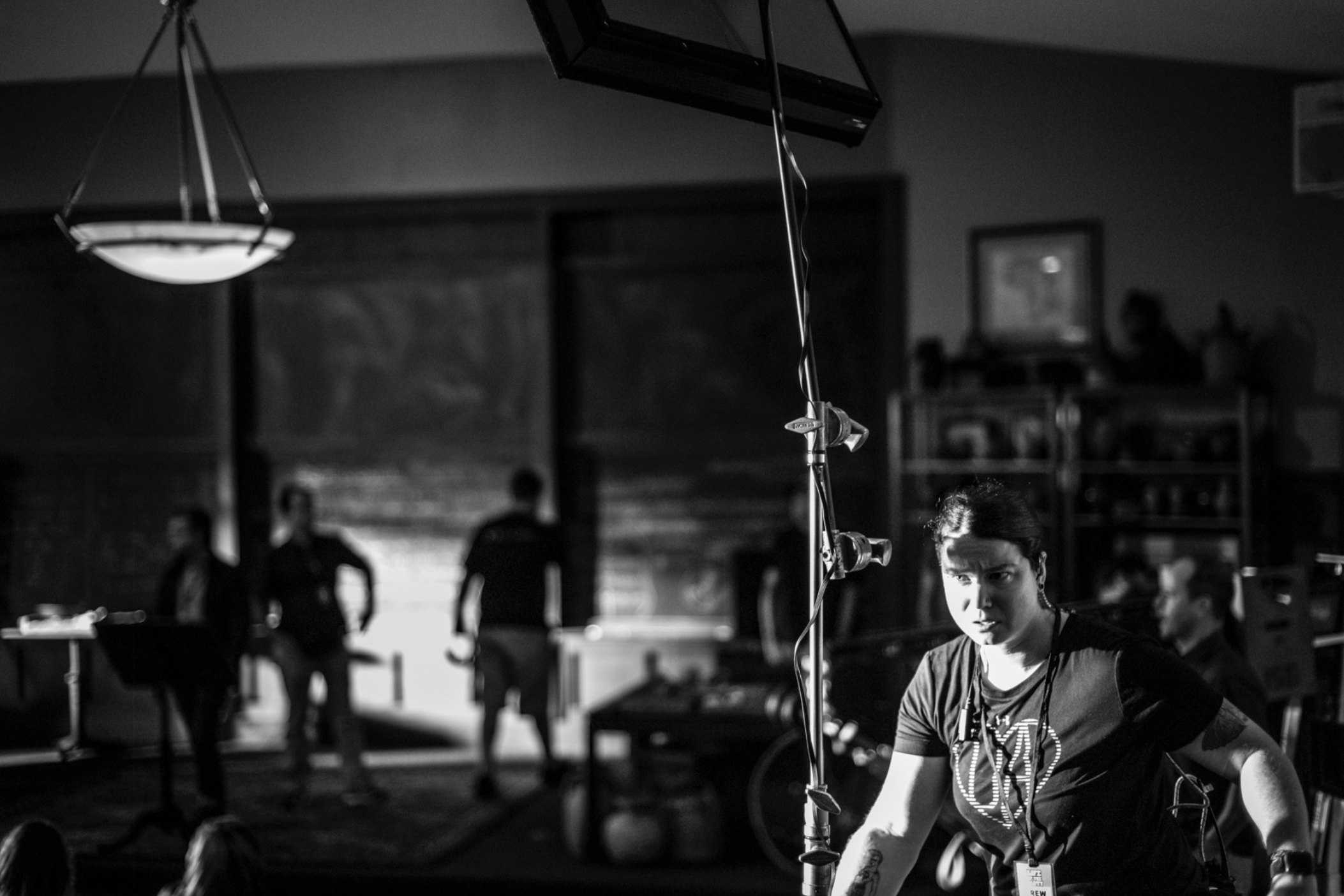 "Well, we have a joke where we say, 'Oh, you work 40 hours a week? What are you going to do after Wednesday?'" said film industry worker Cristen "Cat" Clark, pictured above on a film set in Atlanta.