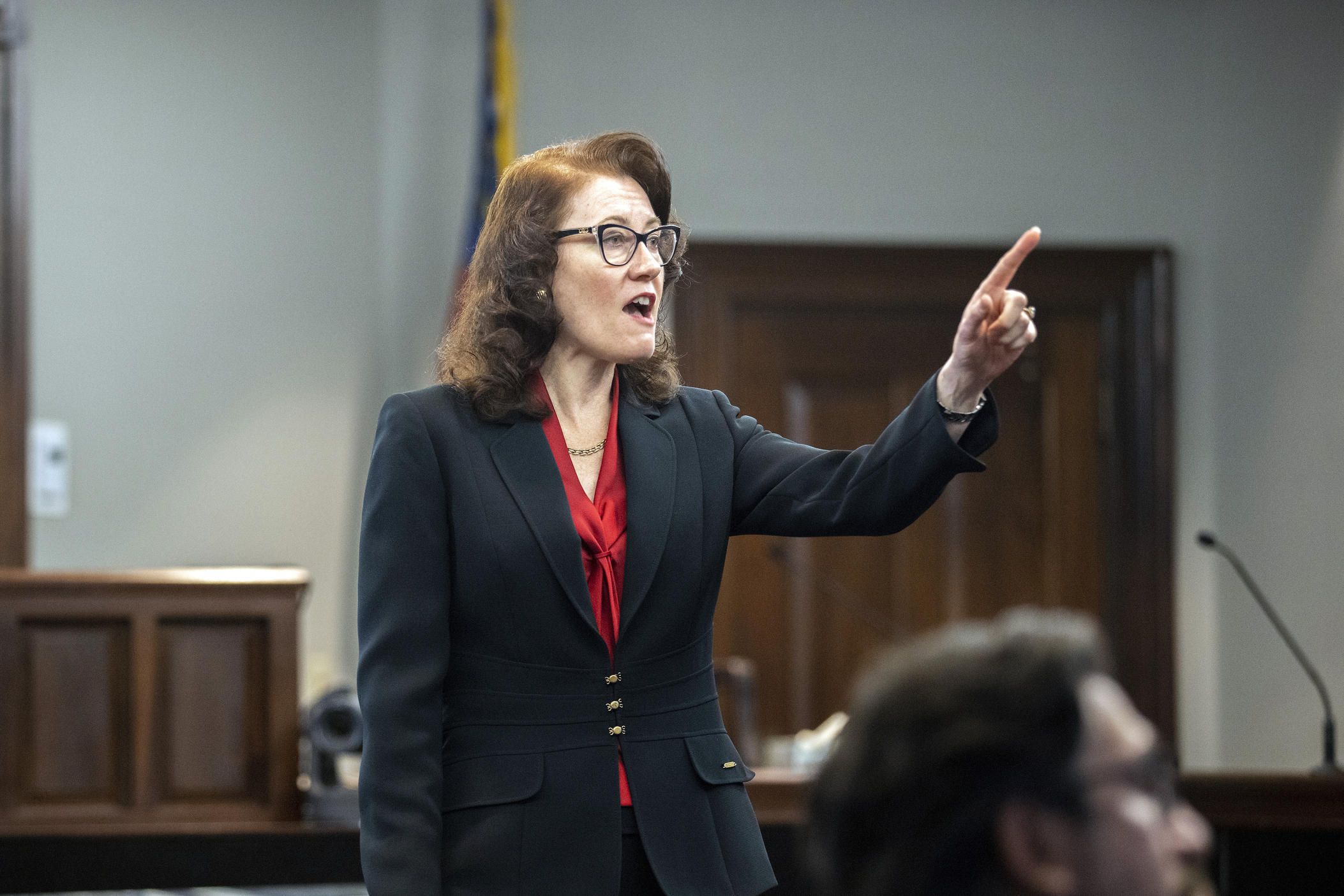 Prosecutor Linda Dunikoski presents a closing argument to the jury during the trial of Travis McMichael, his father, Gregory McMichael, and William "Roddie" Bryan, at the Glynn County Courthouse, Monday, Nov. 22, 2021, in Brunswick, Ga.