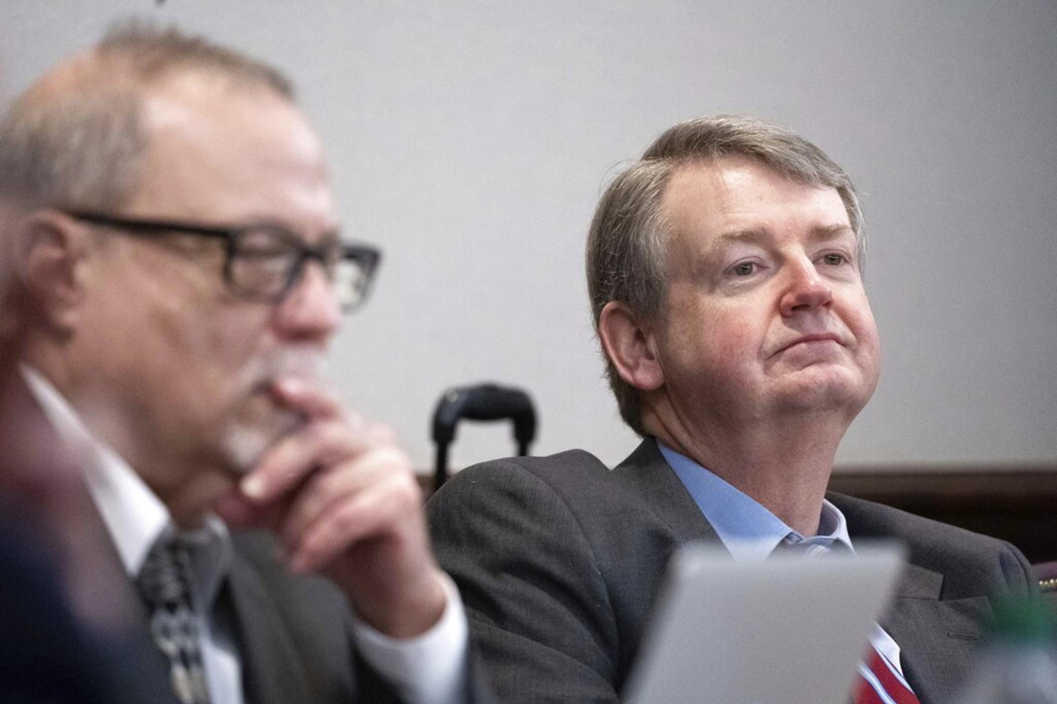 Defense attorney Kevin Gough listens to court proceedings during the trial for the killing of Ahmaud Arbery at the Glynn County Courthouse on Thursday, Nov. 18, 2021, in Brunswick, Ga.
