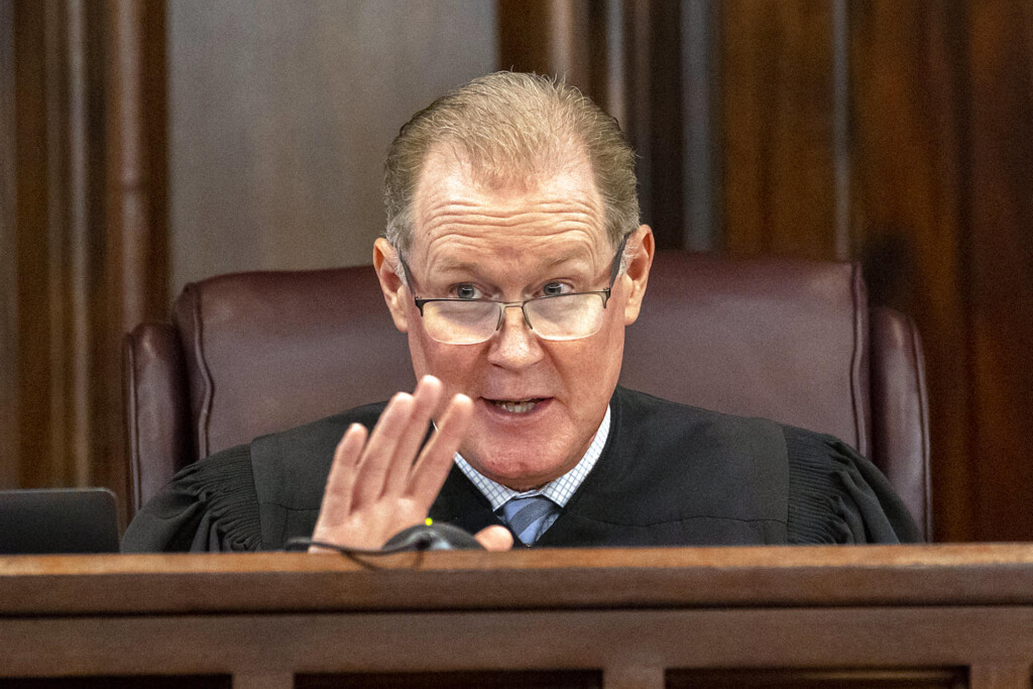 Superior Court Judge Timothy Walmsley addresses an objection by the defense during the trial of Greg McMichael and his son, Travis McMichael, and a neighbor, William "Roddie" Bryan in the Glynn County Courthouse, Tuesday, Nov. 9, 2021, in Brunswick, Ga.