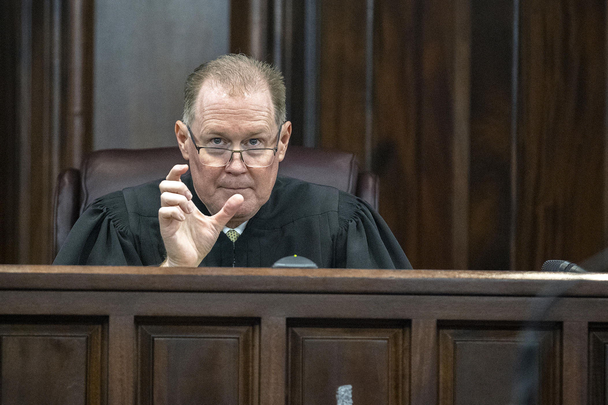 Superior Court Judge Timothy Walmsley clarifies a jury request to view a short video clip as part of their deliberation during the trial of Greg McMichael, his son Travis McMichael, and neighbor, William "Roddie" Bryan, Wednesday, Nov. 24, 2021, in the Glynn County Courthouse in Brunswick, Ga.