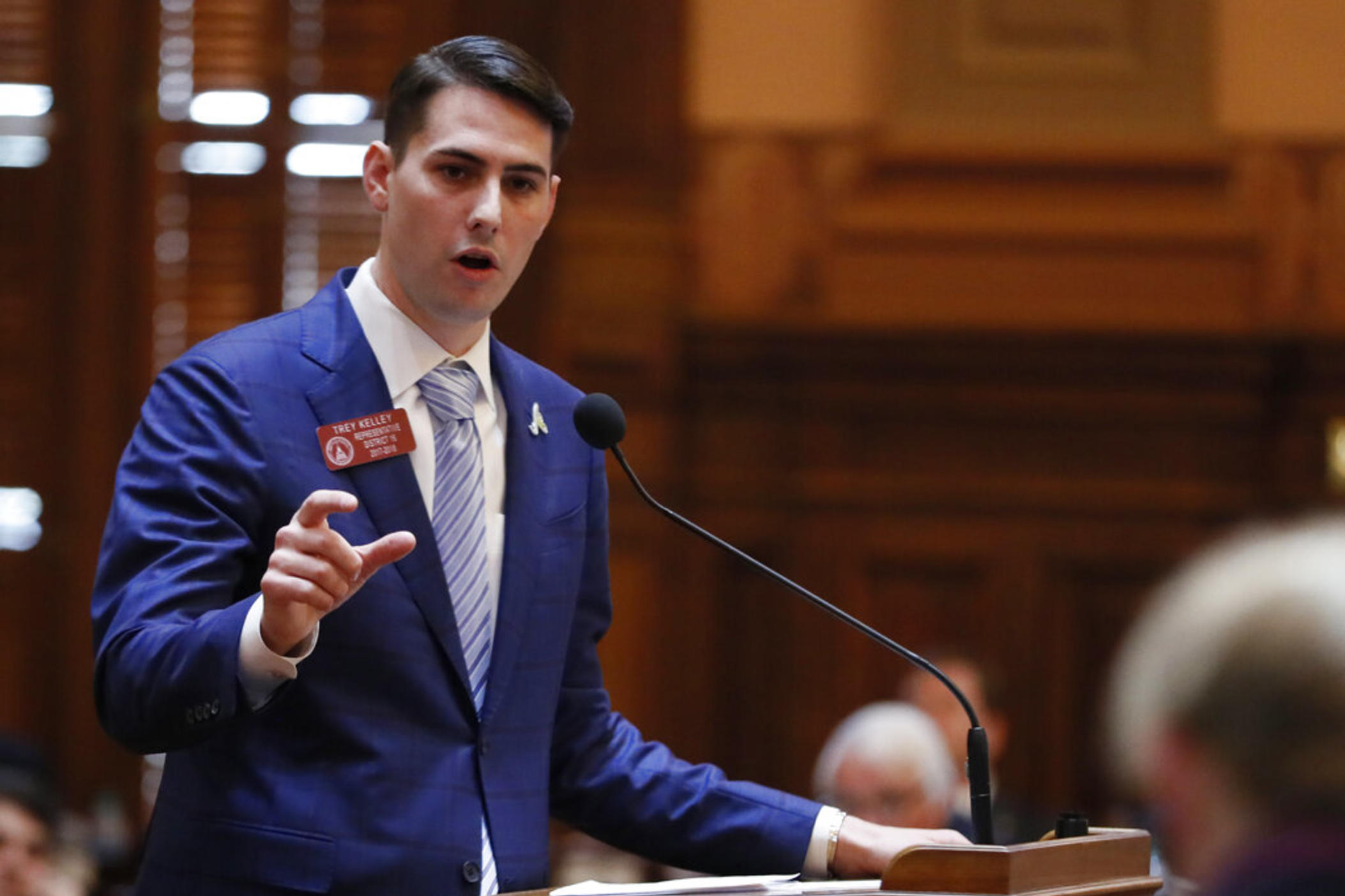 Rep. Trey Kelley, R - Cedartown, speaks to the Georgia House on Thursday, March 29, 2018. A judge on Tuesday, Dec. 21, 2021 dismissed a criminal charge of reckless conduct against Kelley, finding the lawmaker could not have committed a crime by not calling 911 in 2019 after a fatal hit-and-run accident.