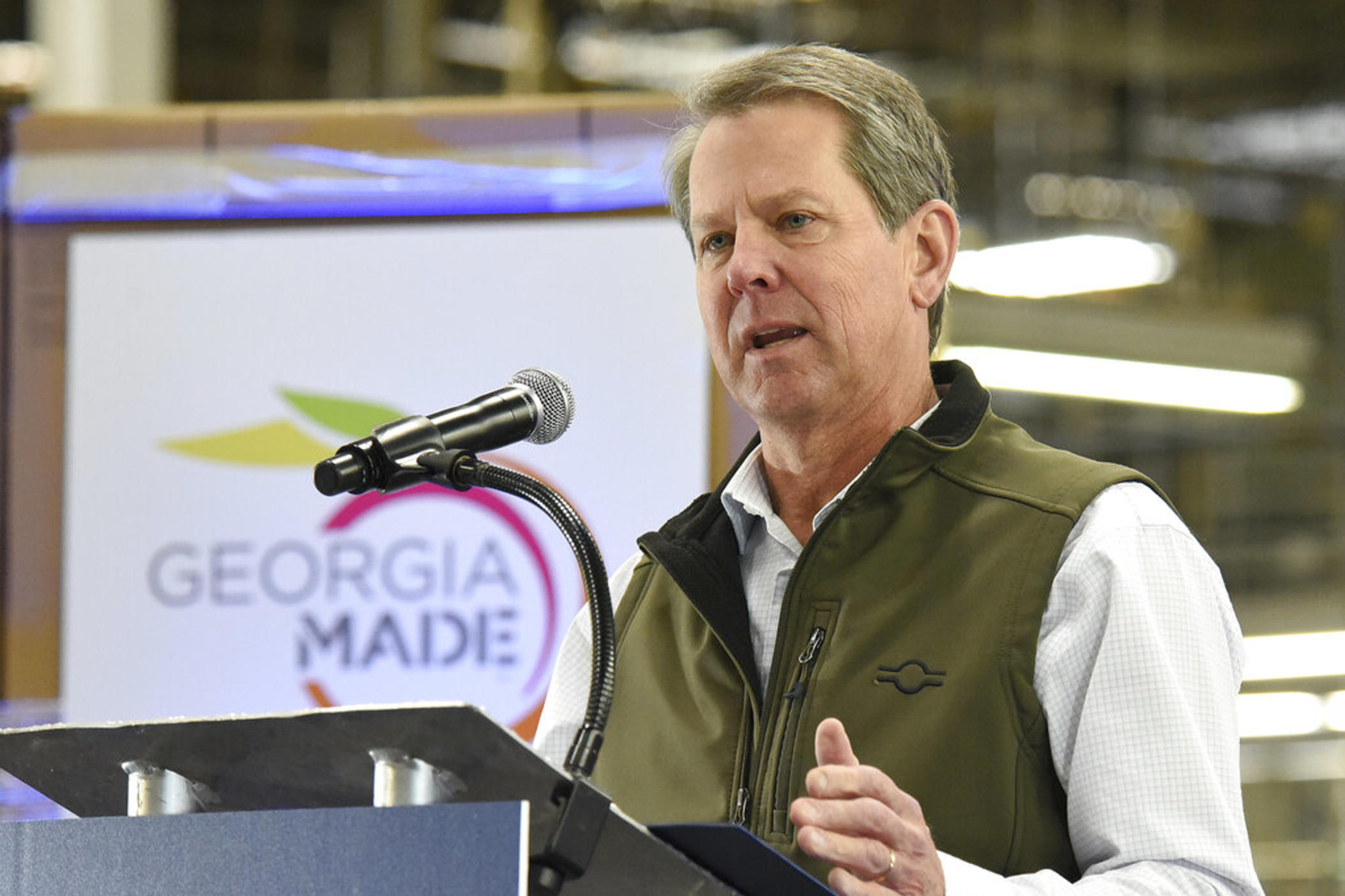 Georgia Gov. Brian Kemp speaks at the Roper Corporation Cooking Products Plant in Lafayette, Ga. on Friday, Jan. 7, 2022. Kemp visited the plant after GE Appliances recently invested a $118 million expansion in Georgia.