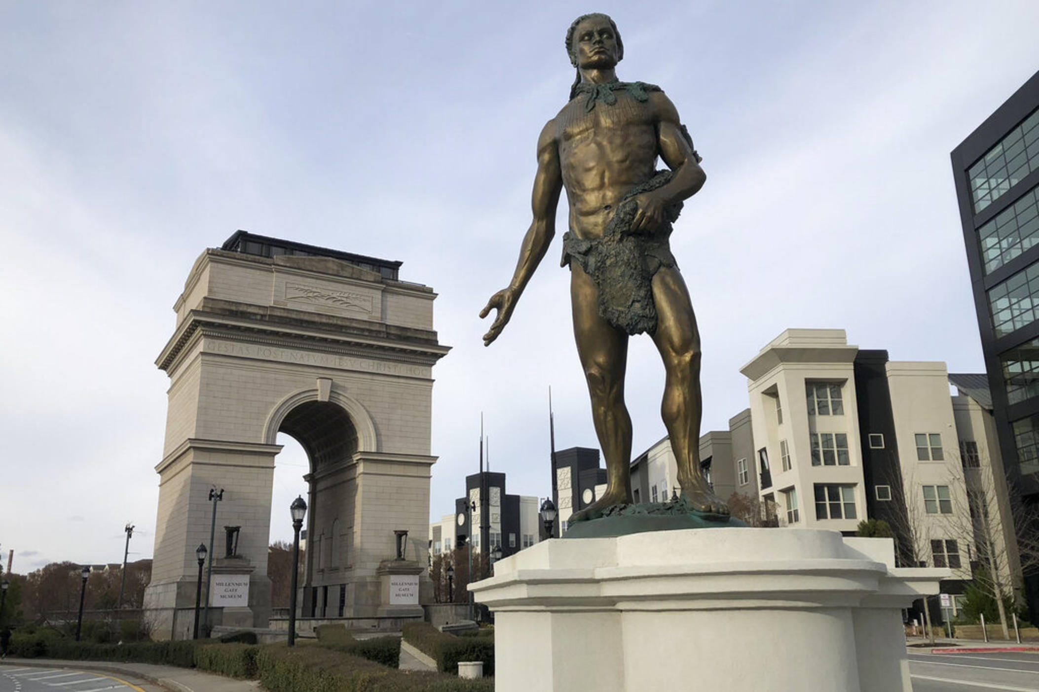 A statue depicting Chief Tomochichi, a Muscogee native who signed the 1733 Treaty of Savannah that launched the Georgia colony, pictured here on Dec. 20, 2021 in its temporary location outside Atlanta's Millennium Gate Museum. Plans for Atlanta's Peace Park include installing the statue atop a 110-foot high pedestal where it would tower over statues of the Rev. Martin Luther King Jr. and other civil rights leaders.