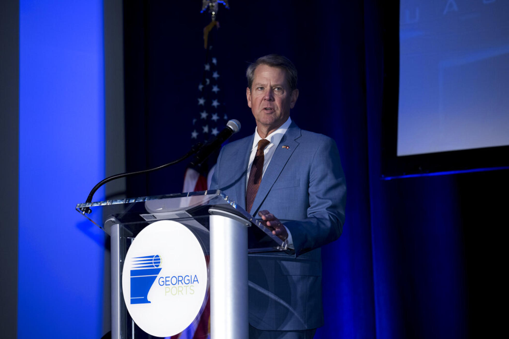 Georgia Gov. Brian Kemp speaks at the Georgia Ports Authority 2022 State of the Port address, Thursday Feb. 24, 2022, in Savannah, Ga.