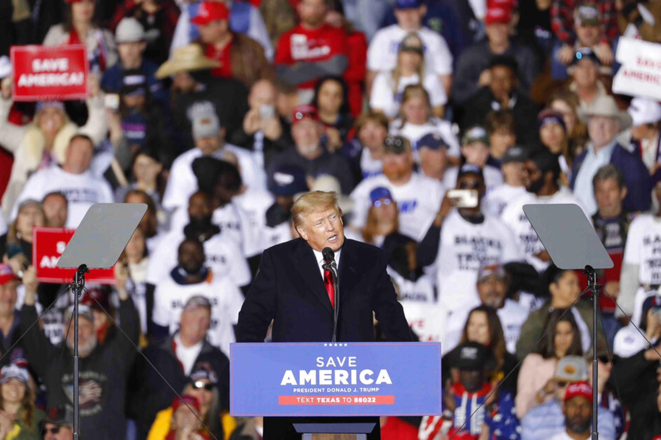 Former President Donald Trump speaks at a rally, Saturday, Jan. 29, 2022, in Conroe, Texas.