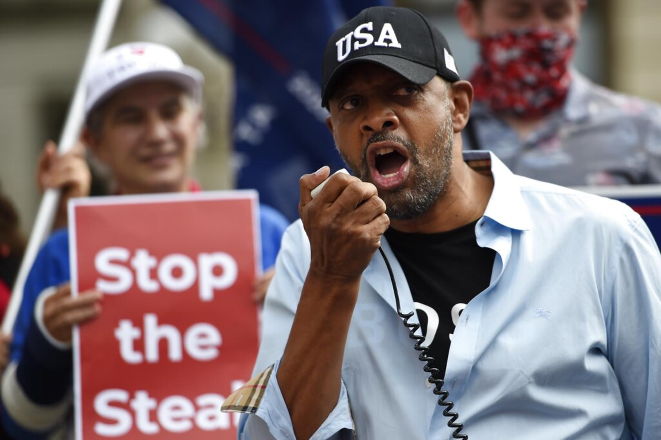 In this Saturday, Nov. 7, 2020 file photo, Georgia State Rep. Vernon Jones speaks at a political rally, in Atlanta.