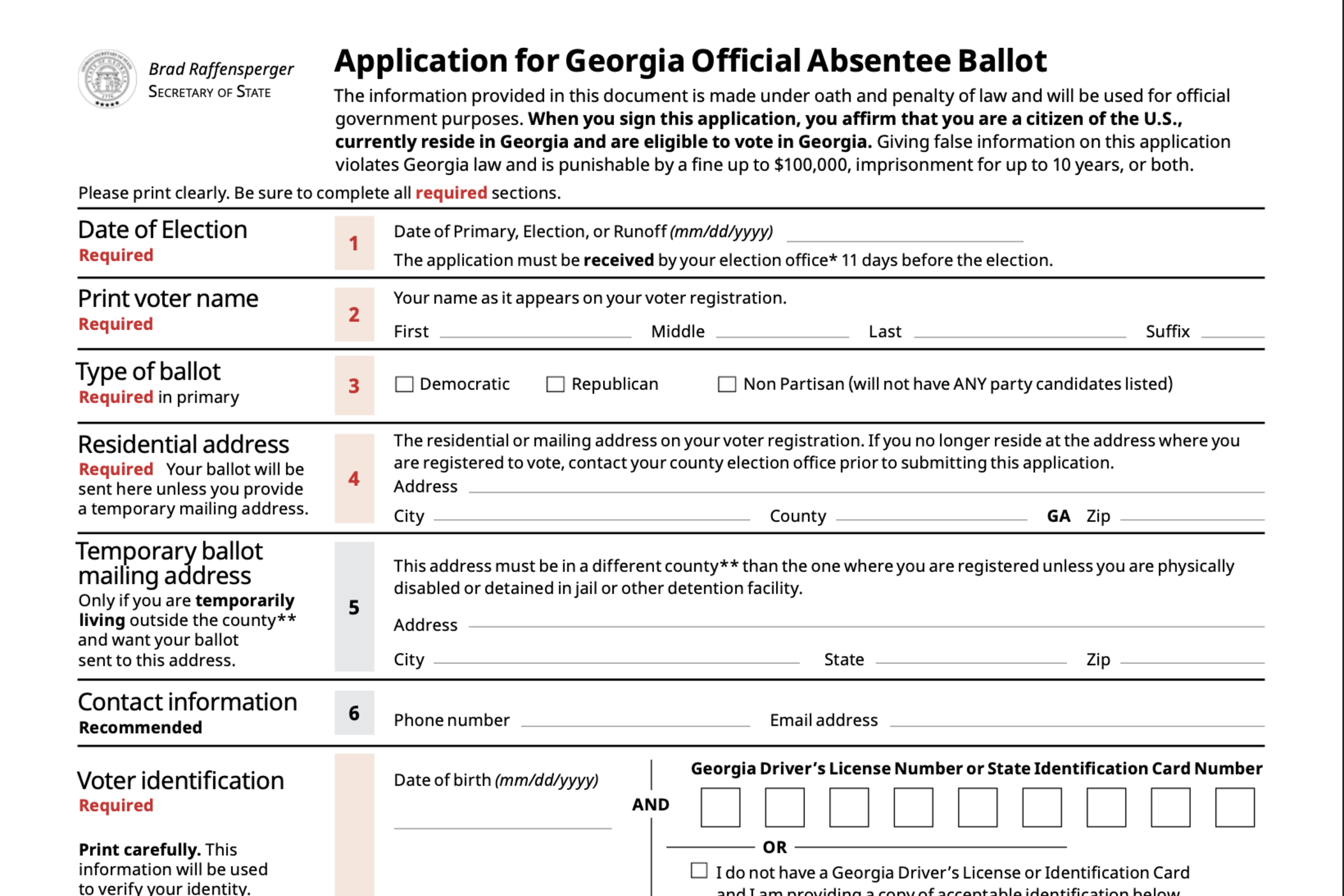 A screenshot of a blank Georgia Absentee ballot application