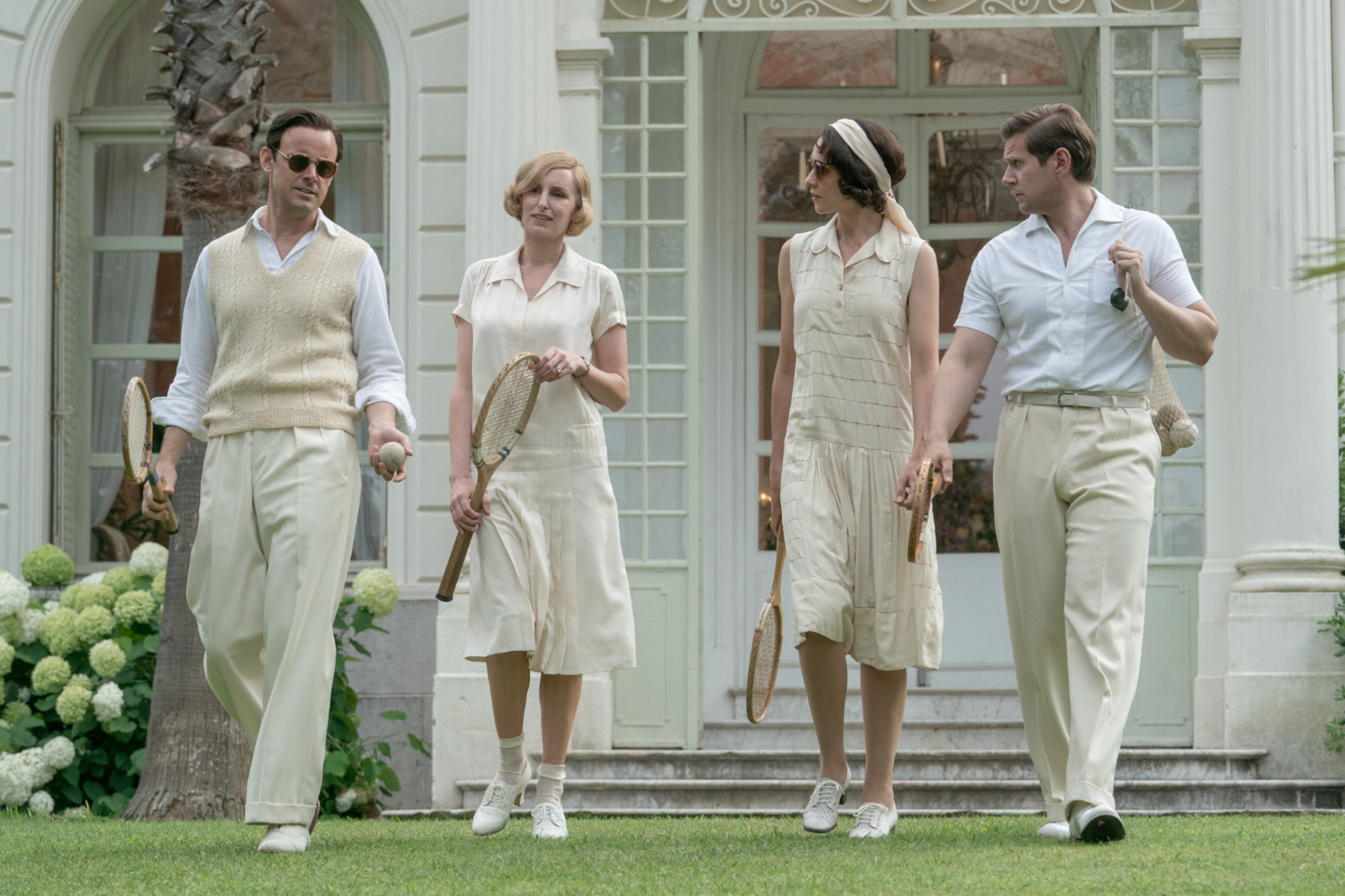 (l-r.) Harry Hadden-Paton stars as Bertie Pelham, Laura Carmichael as Lady Edith, Tuppence Middleton as Lucy Smith and Allen Leech as Tom Branson in DOWNTON ABBEY: A New Era, a Focus Features release. 