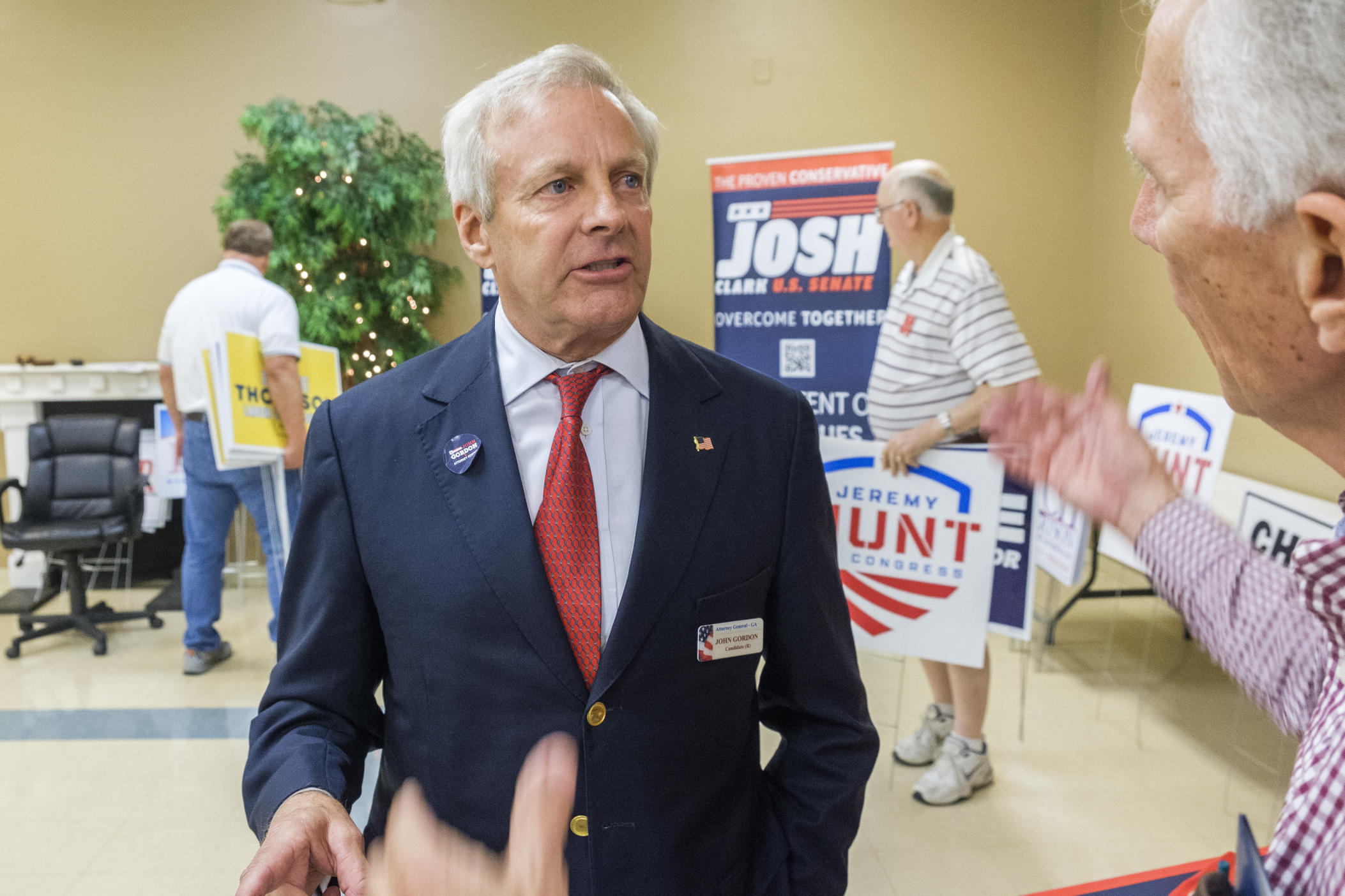 Republican John Gordon, Donald Trump's endorsed candidate to be Georgia's attorney general, speaks to the members of the Bibb County Republican Party at a candidate forum. He is a full believer in the lie that the 2020 election was stolen from Trump. "We will learn the facts. We will expose the fraud. And I'm going to hold the people that did this accountable," he said.