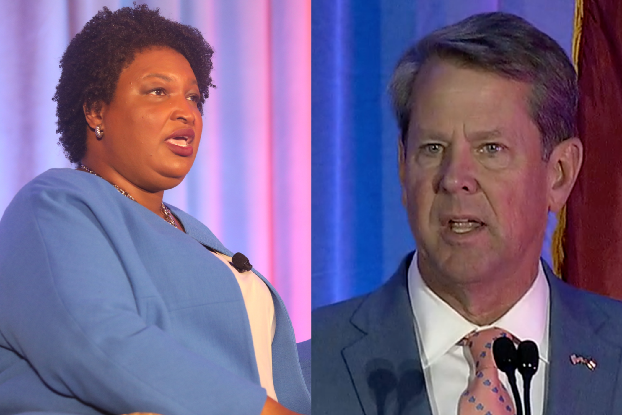 Candidates for governor Stacey Abrams (left) and Gov. Brian Kemp address educators in June 2022 at the Georgia School Boards Association conference in Savannah.