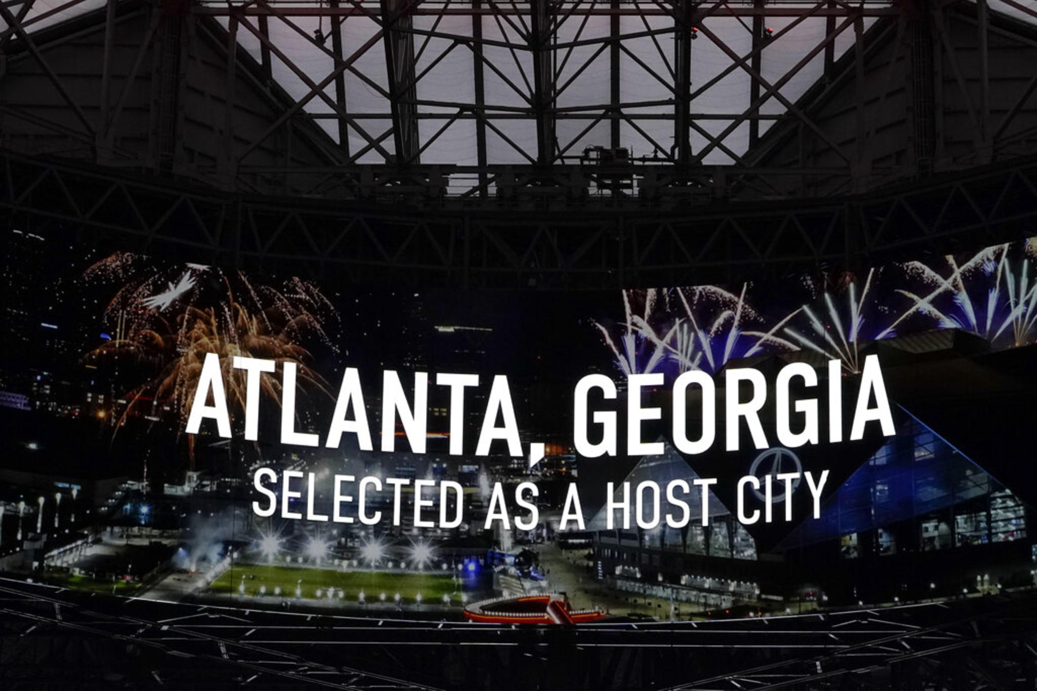 Mercedes-Benz Stadium displays an announcement that FIFA has selected Atlanta as a 2026 soccer World Cup host city, Thursday, June 16, 2022, in Atlanta.