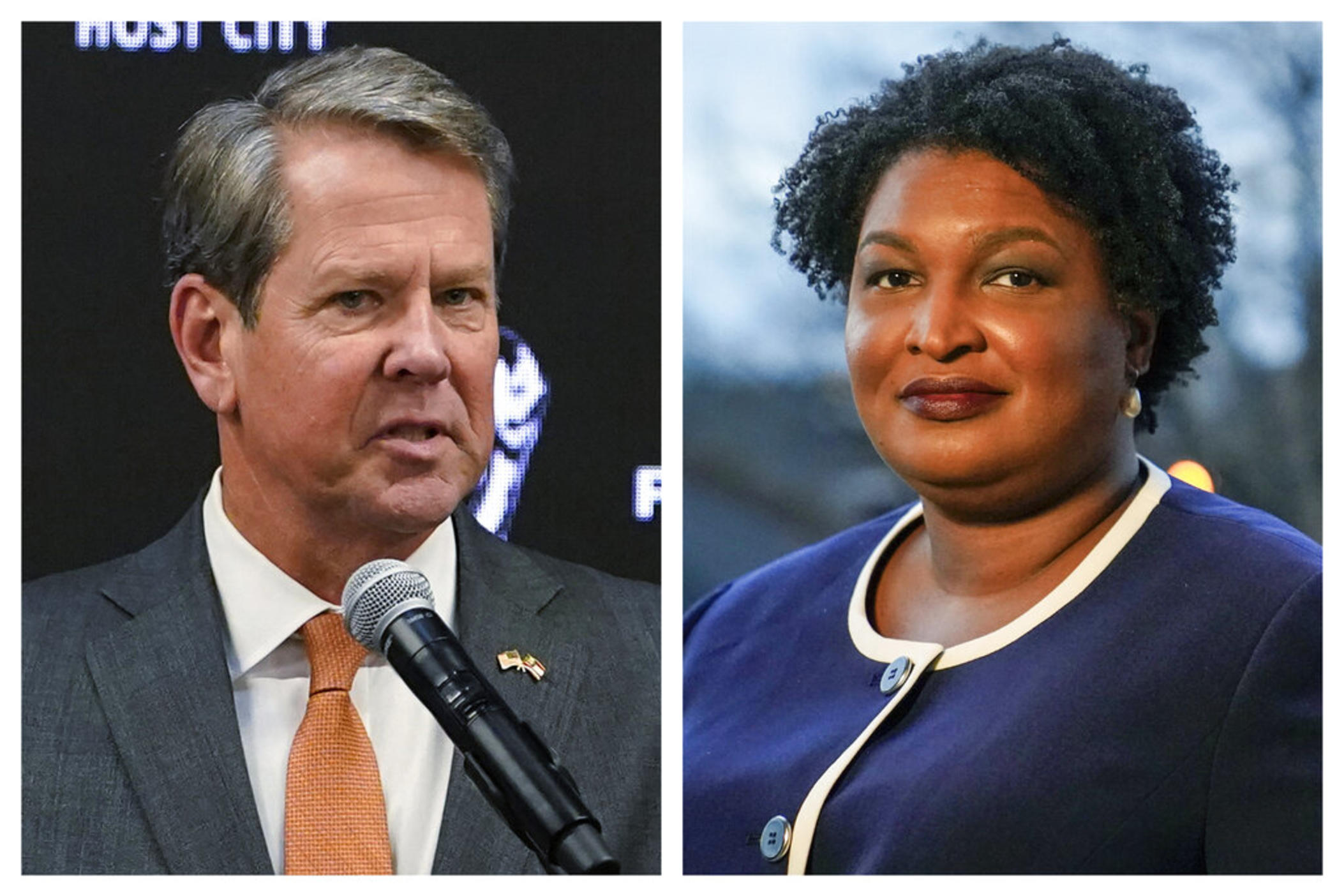 This combination of 2022 and 2021 photos shows Georgia Gov. Brian Kemp, left, and gubernatorial Democratic candidate Stacey Abrams. As Republicans nationwide gear up to attack Democrats with tough-on-crime platforms in the fall of 2022, Democrat Abrams is making guns a central focus of her race for governor, seeking to turn crime into a liability for incumbent Republican Kemp's reelection bid.