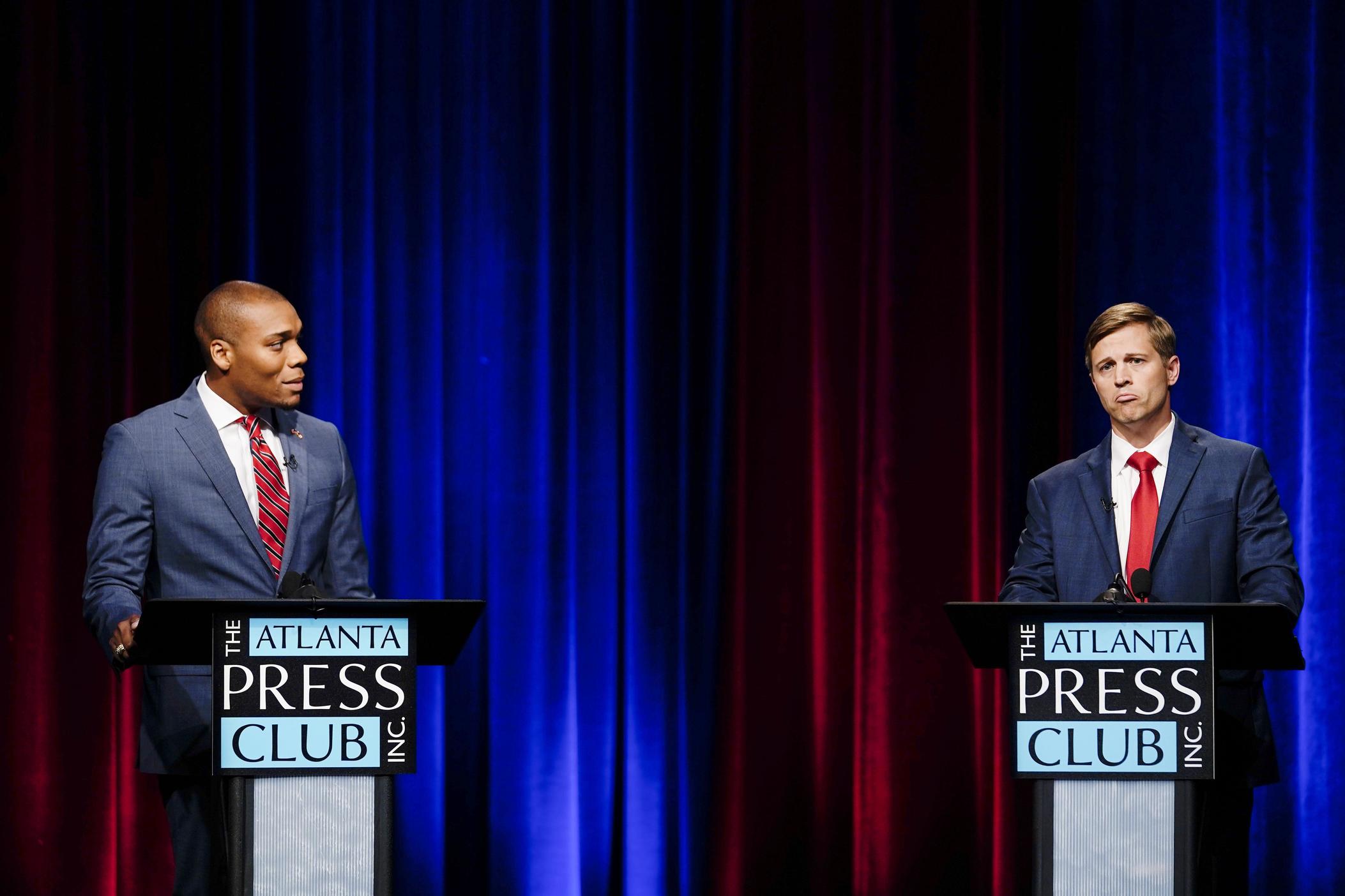 Republican candidates for Georgia's 2nd Congressional District Jeremy Hunt (left) and Chris West debate on Monday, June 6.