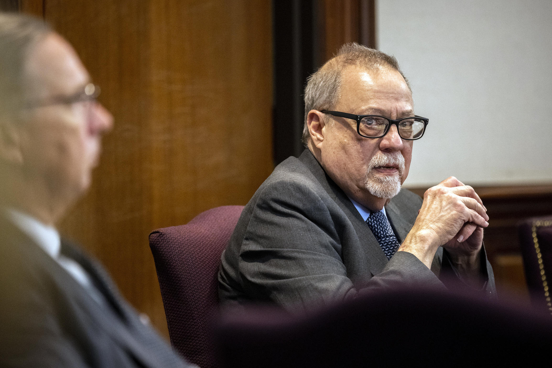 Greg McMichael looks at the gallery during the testimony of his son, Travis McMichael’s in the trial of he, his son and William "Roddie" Bryan in the Glynn County Courthouse, Tuesday, Nov. 16, 2021, in Brunswick, Ga.