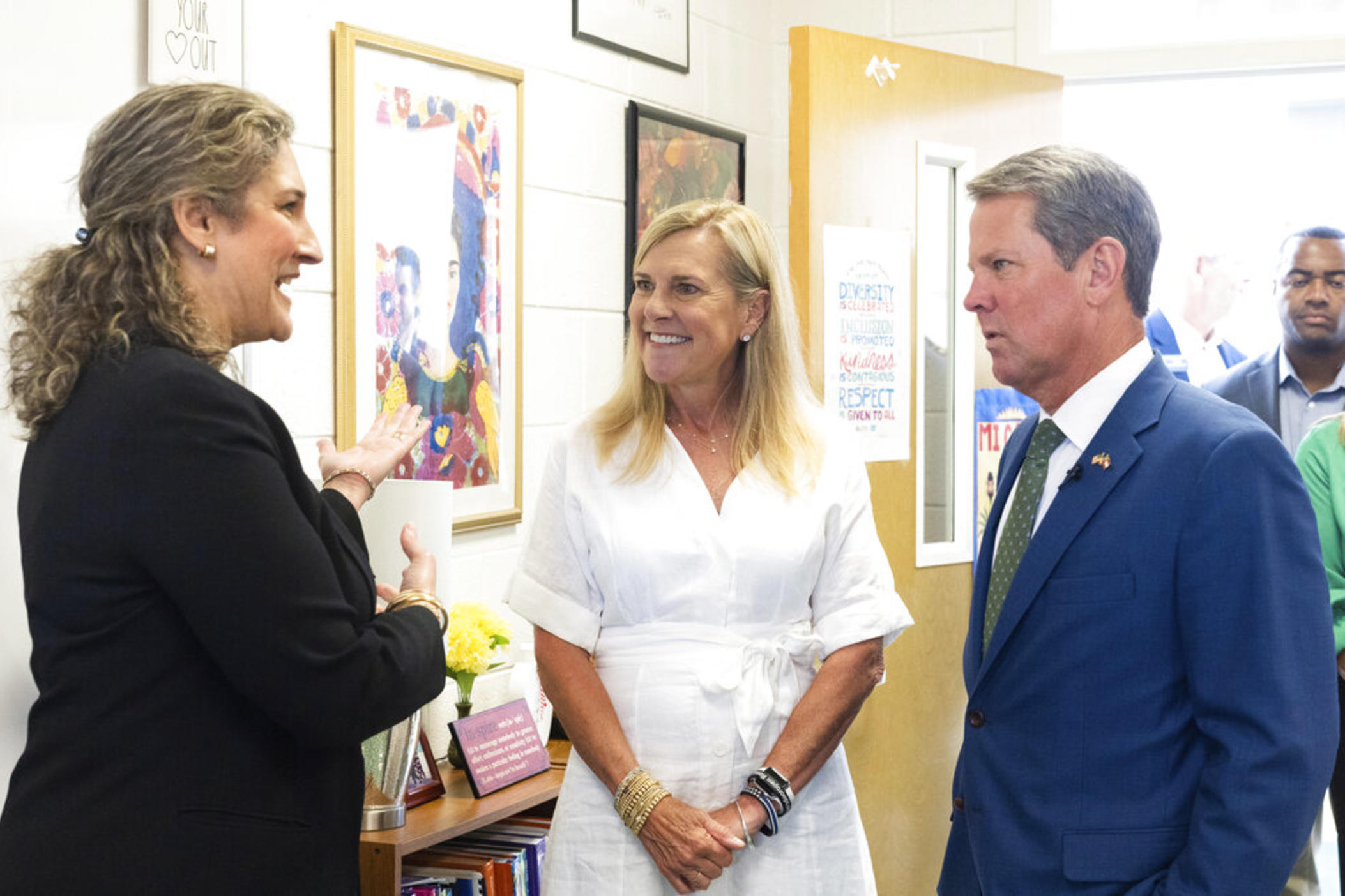 Georgia Gov. Brian Kemp and first lady of Georgia Marty Kemp meet with Dorcas Acosta, a Spanish teacher at Ola High School, on Friday, July 29, 2022, in McDonough, Ga.