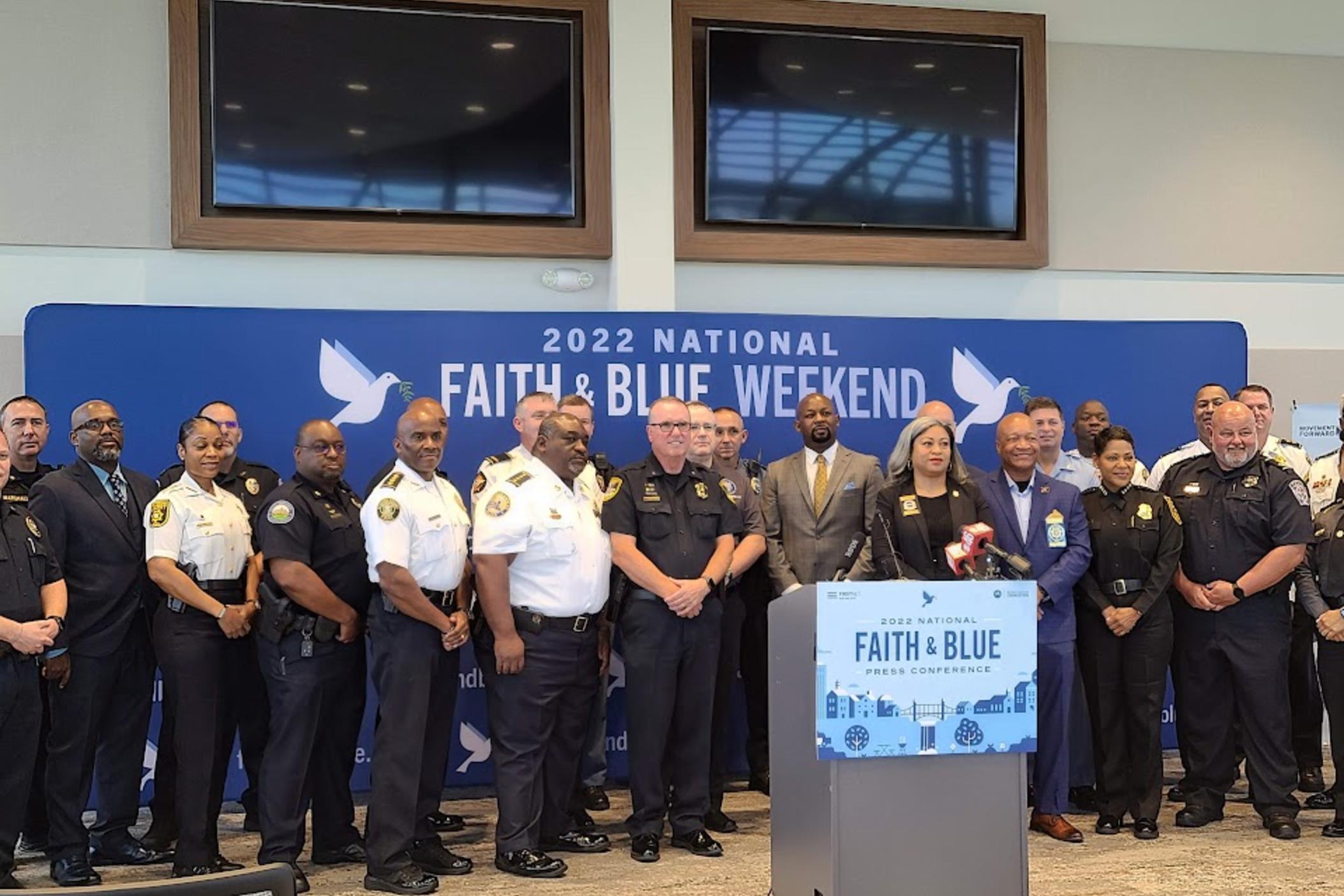 Police chiefs, sheriffs and officers from counties around Georgia gathered on Sept. 7, 2022 to announce their upcoming community engagement work though a partnership with Faith and Blue. 