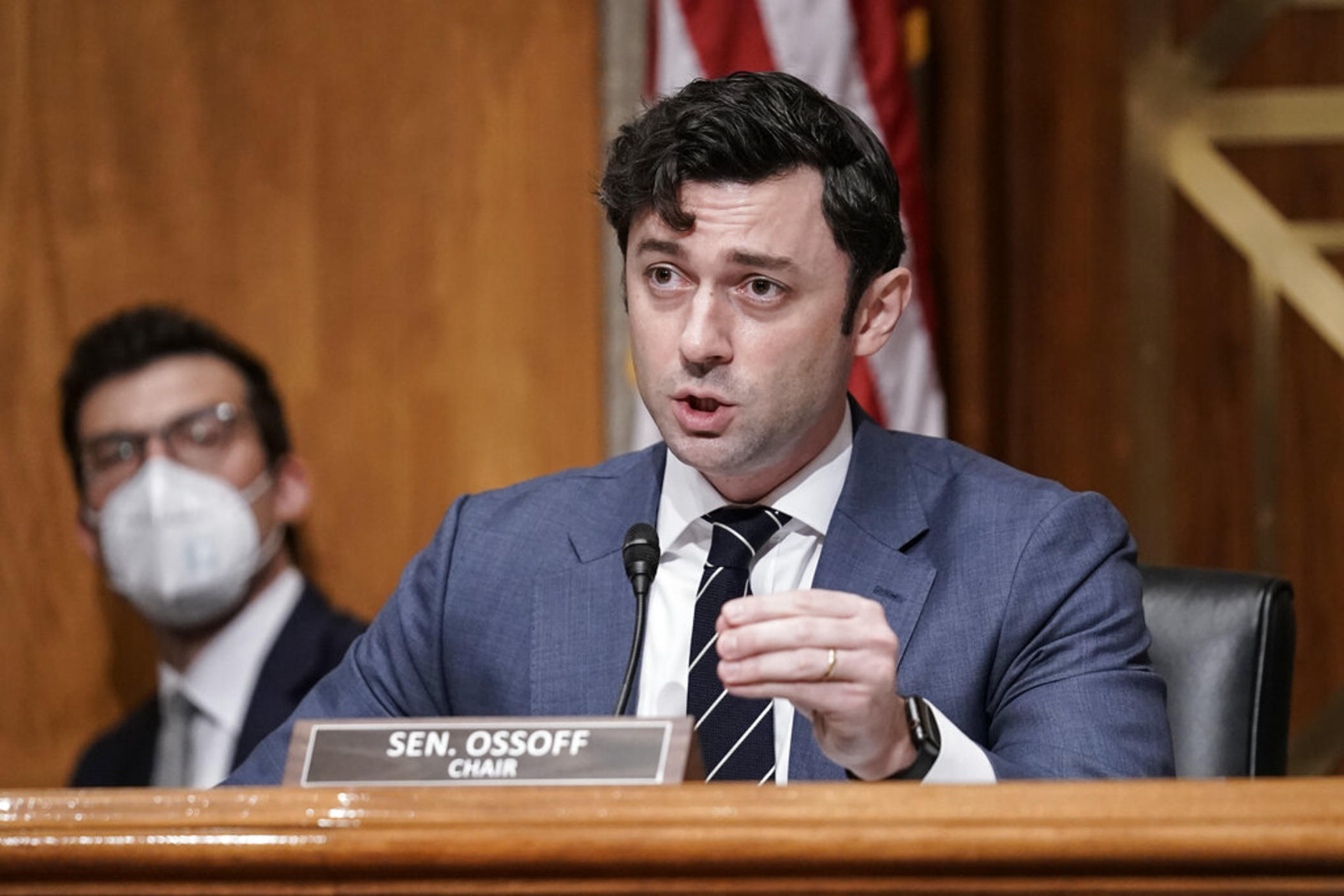 Chairman Jon Ossoff, D-Ga., questions Michael Carvajal, the outgoing director of the Federal Bureau of Prisons, as the Senate Permanent Subcommittee On Investigations holds a hearing on charges of corruption and misconduct at the U.S. Penitentiary in Atlanta, at the Capitol in Washington, July 26, 2022.