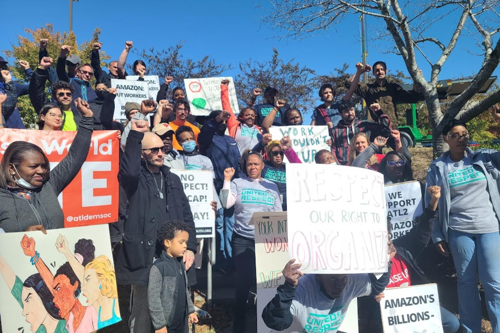 Workers at the East Point Amazon warehouse protest for better working conditions and higher pay on October 19, 2022.