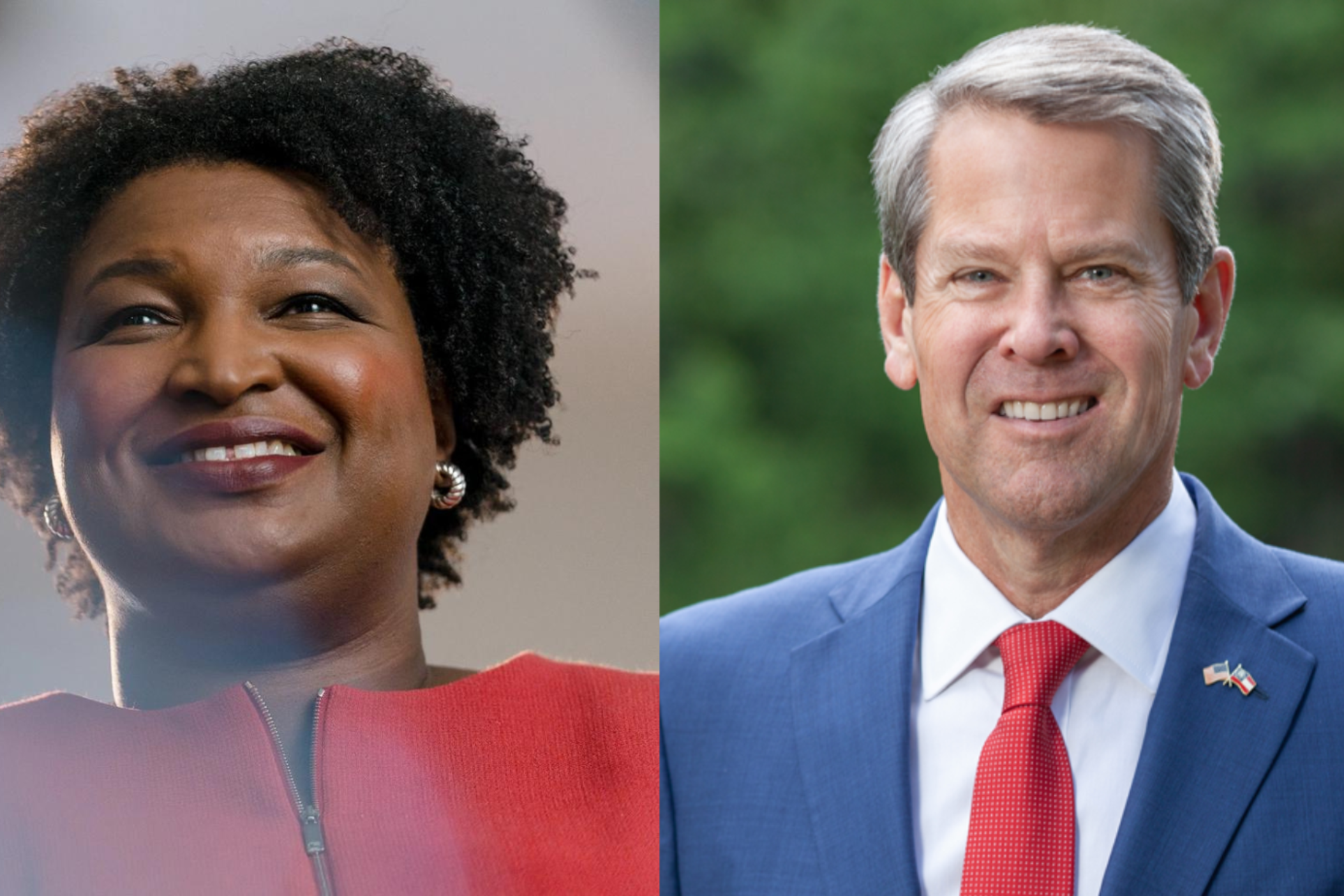 A split image with headshots of Stacey Abrams and Brian Kemp