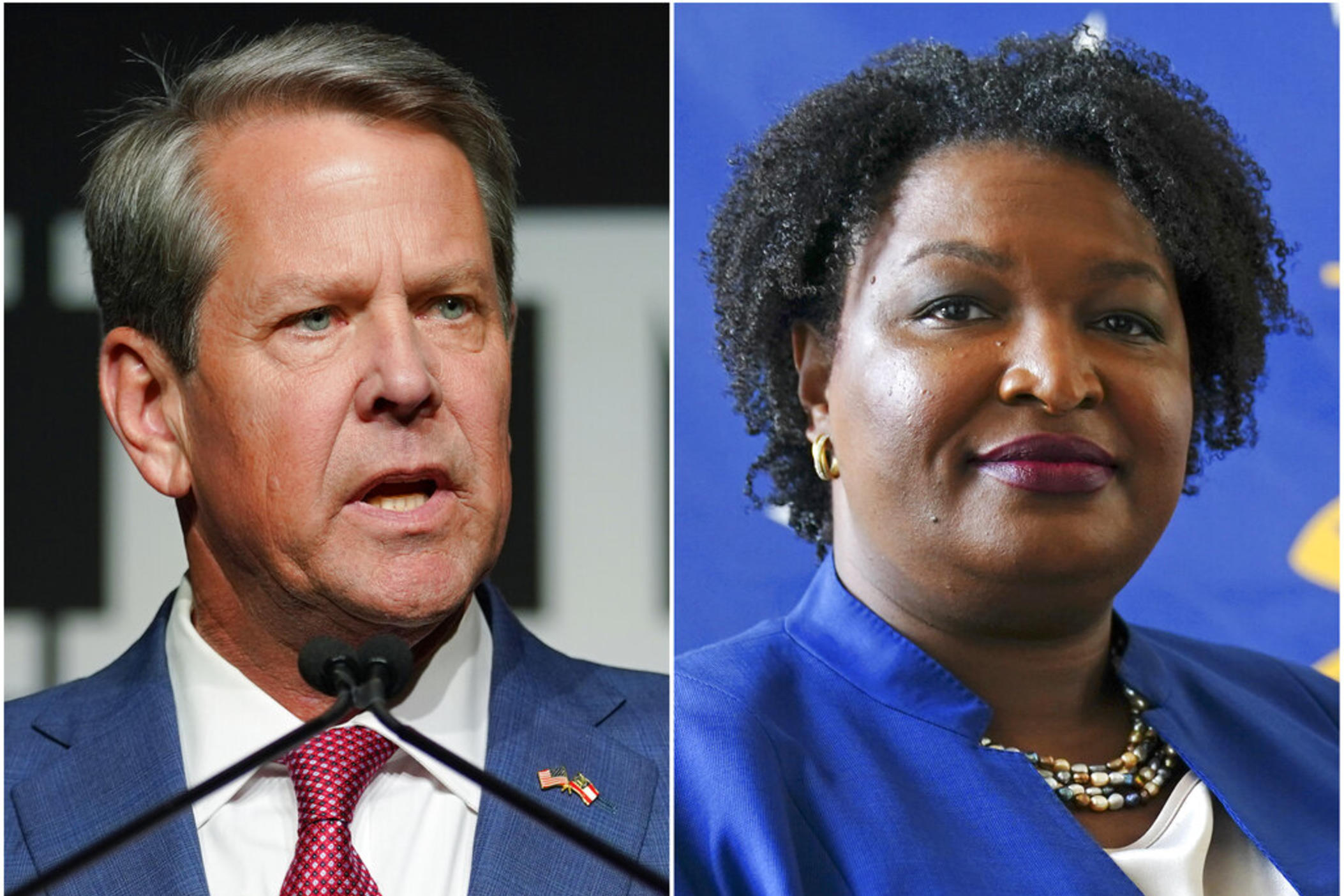 This combination of photos shows Georgia Gov. Brian Kemp, left, on May 24, 2022, in Atlanta, and gubernatorial Democratic candidate Stacey Abrams on Aug. 8, 2022, in Decatur, Ga. Early in-person voting begins in Georgia on Monday, Oct. 17, hours before the candidates for governor meet in the first of two scheduled debates. Democrats in particular are trying to push their supporters to cast ballots early in races that include a pivotal U.S. Senate seat.