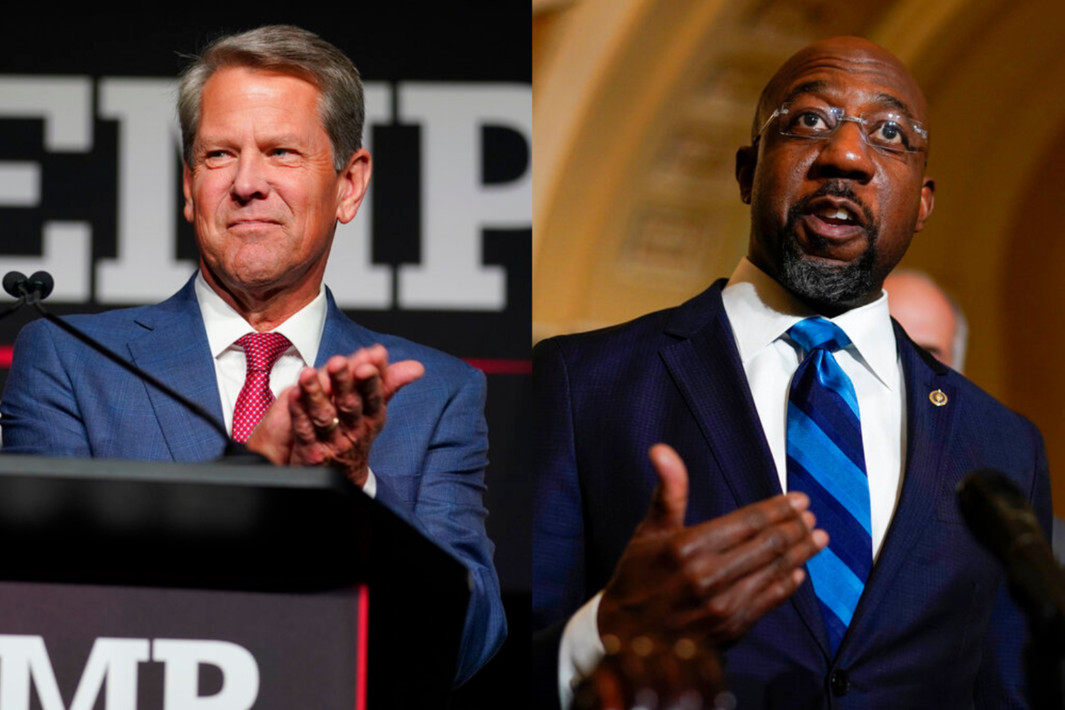 A split image of Gov. Brian Kemp and Sen. Raphael Warnock