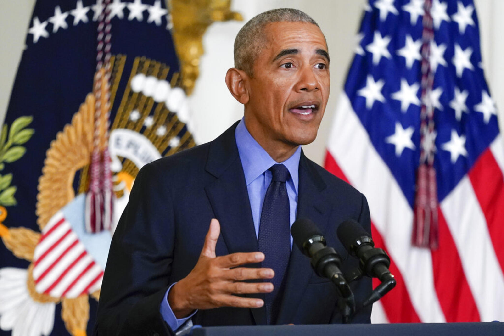 Former President Barack Obama speaks about the Affordable Care Act, in the East Room of the White House in Washington, April 5, 2022. Obama is headed to Georgia, Michigan and Wisconsin in the final days of the campaign to give a boost to Democrats running for governor, senator and on down the ballot.