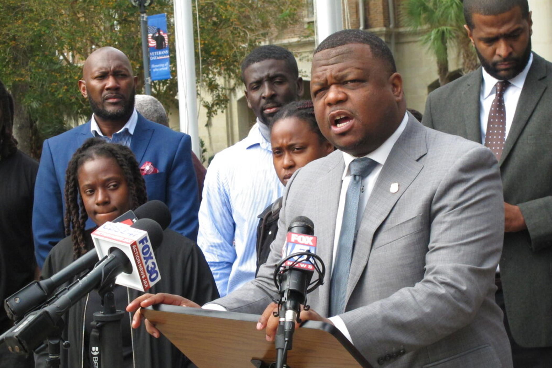 Attorney Harry Daniels speaks during a news conference Wednesday, Nov. 16, 2022, in Woodbine, Ga., calling for the firing and arrests of Camden County sheriff's deputies recorded by security cameras repeatedly punching jail detainee Jarrett Hobbs.