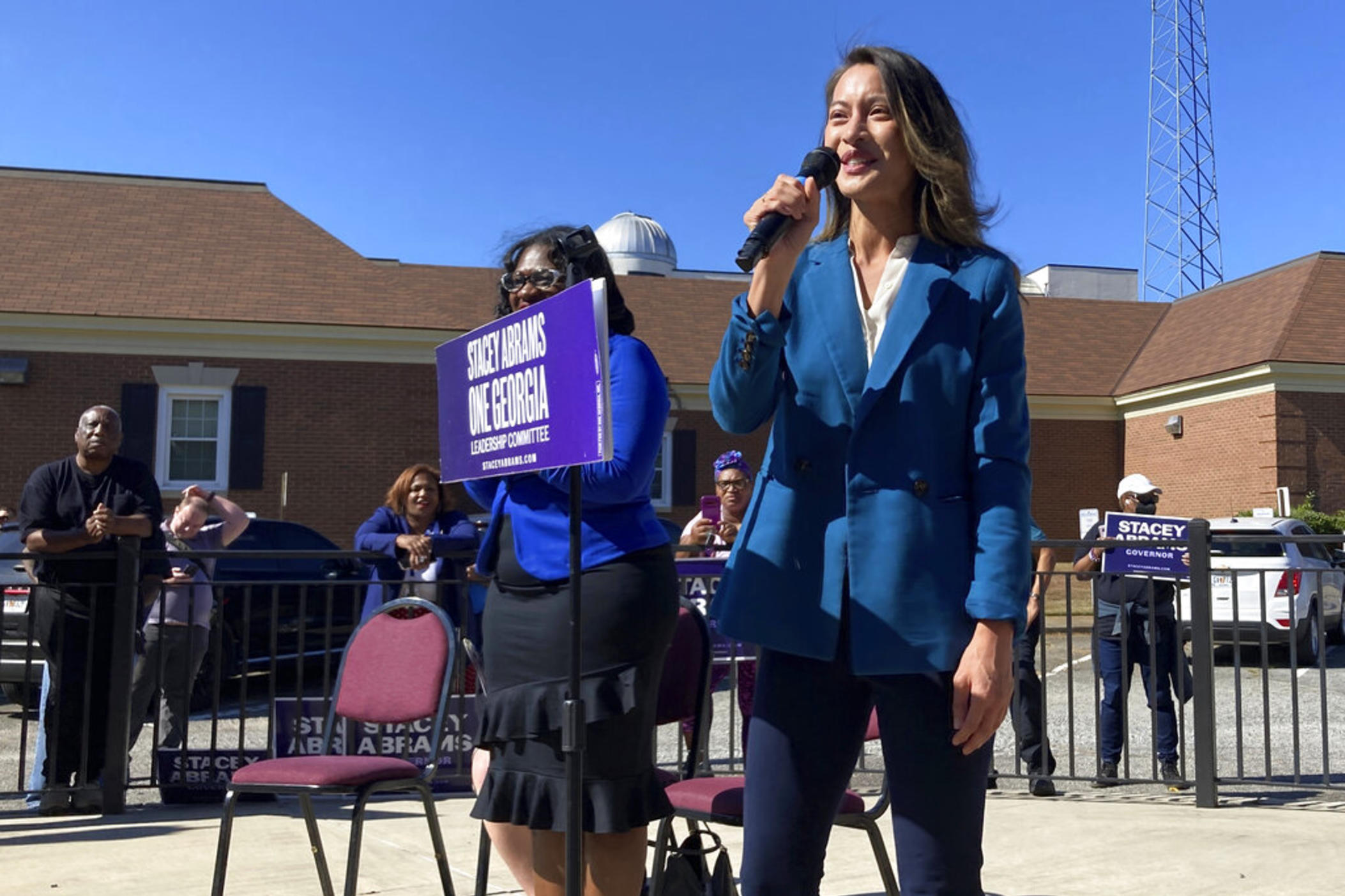 Georgia Democrat Bee Nguyen urges voters to choose her for secretary of state on Thursday, Oct. 27, 2022 in Milledgeville, Ga. Nguyen is trying to persuade voters to reject Republican incumbent Brad Raffensperger, arguing his support for Georgia's voting law and opposition to abortion outweighs his defiance of pressure from President Donald Trump to overturn Georgia's 2020 election results.