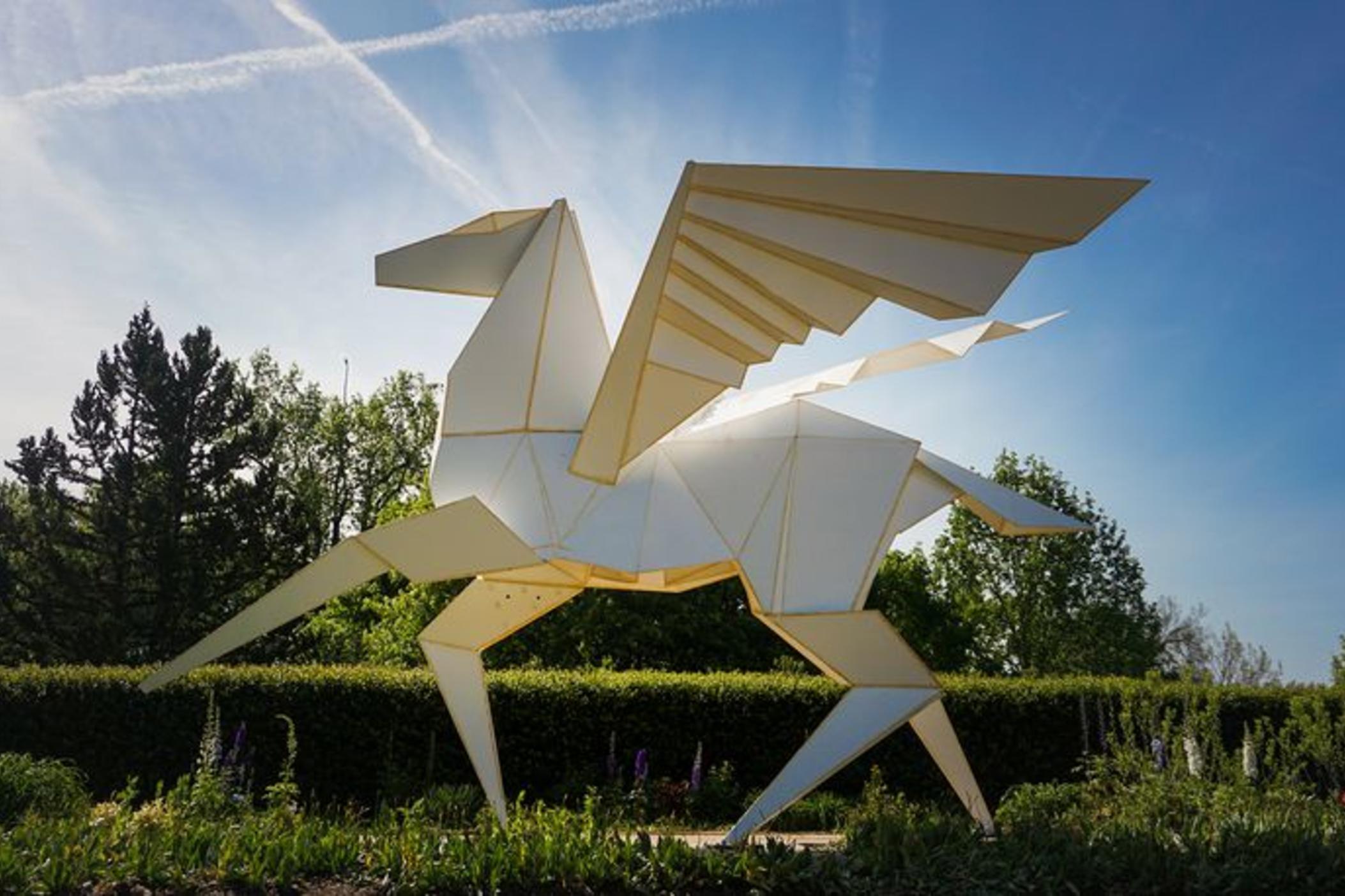 Over 70 metal renderings of origami figures were displayed at the Atlanta Botanical Gardens from June through October 2022. The exhibition  was funded, in part, though money from Fulton County Arts.