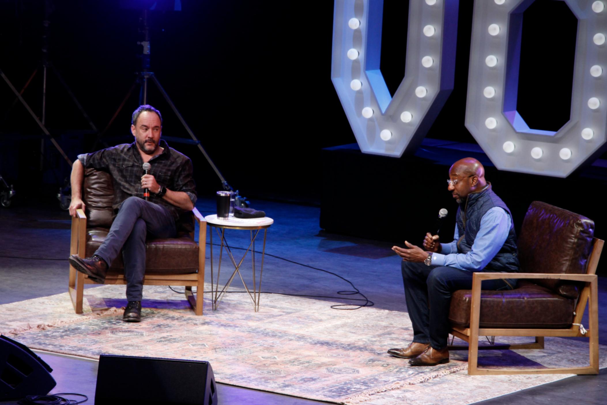 Singer Dave Matthews (left) joined U.S. Sen. Raphael Warnock for a rally and concert at the Roxy Theatre in Cobb County, Ga. on Nov. 28, 2022